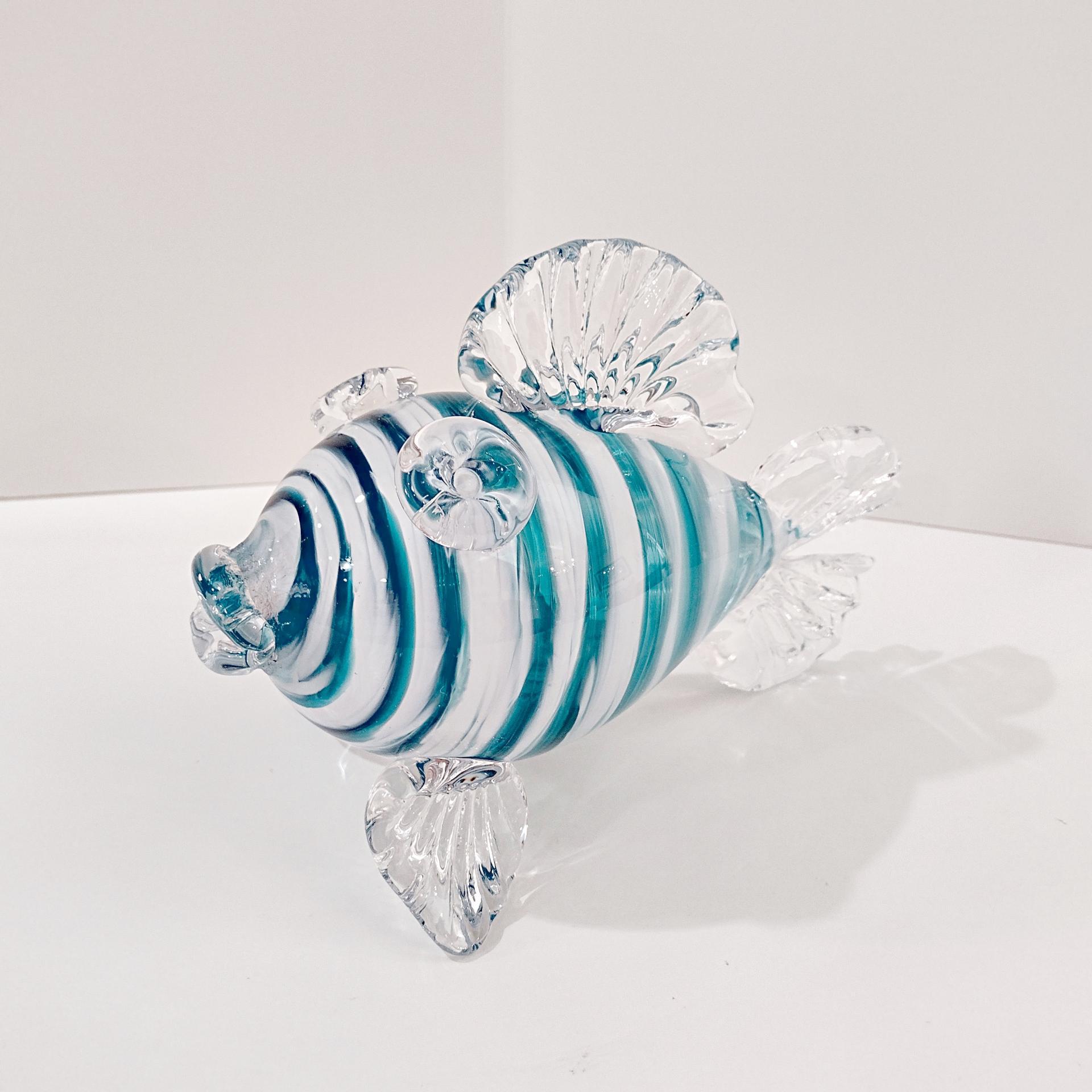 Vintage Hand Blown Glass Murano Style Fish, Aqua Turquoise Blue and Clear Swirled Glass Fish