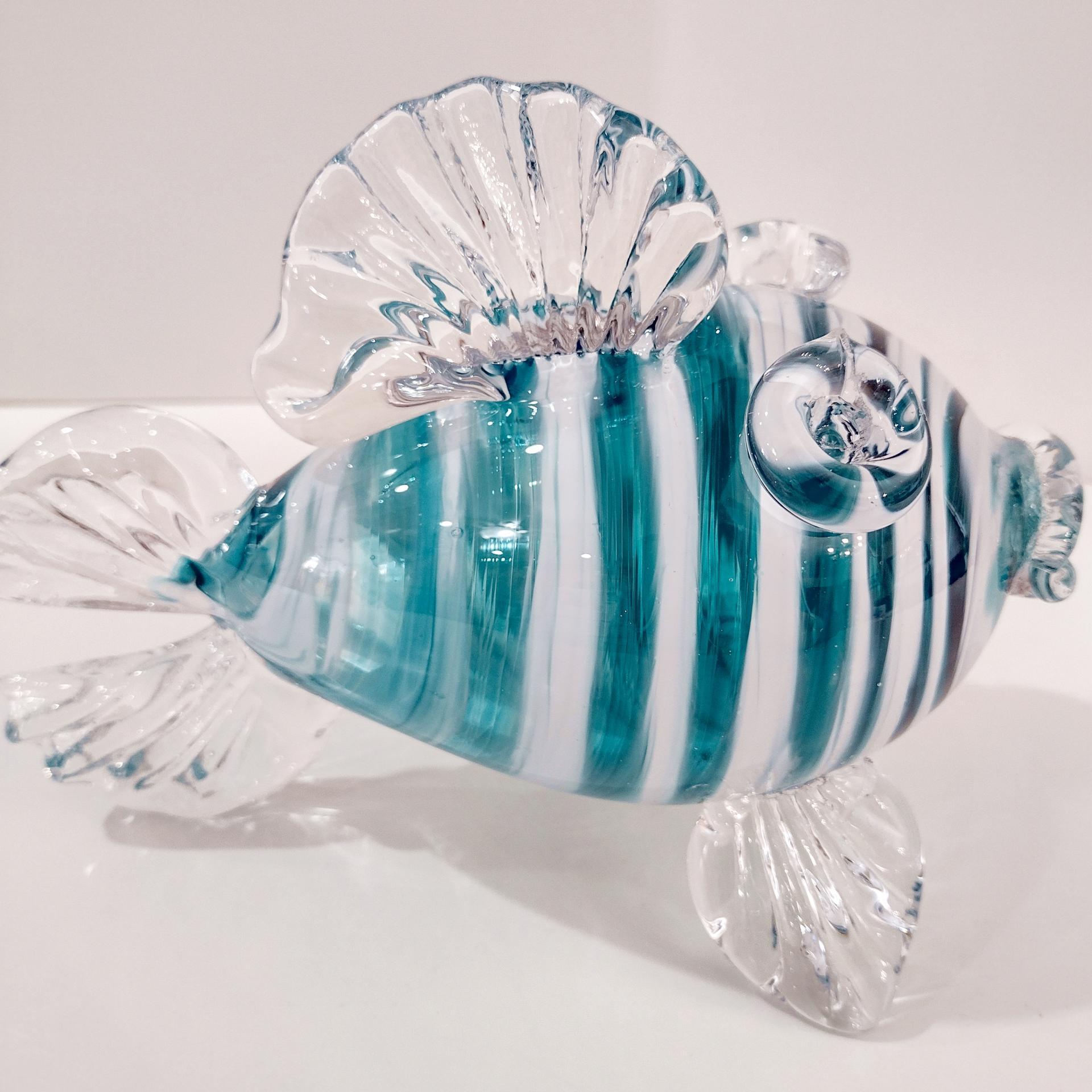 Vintage Hand Blown Glass Murano Style Fish, Aqua Turquoise Blue and Clear Swirled Glass Fish