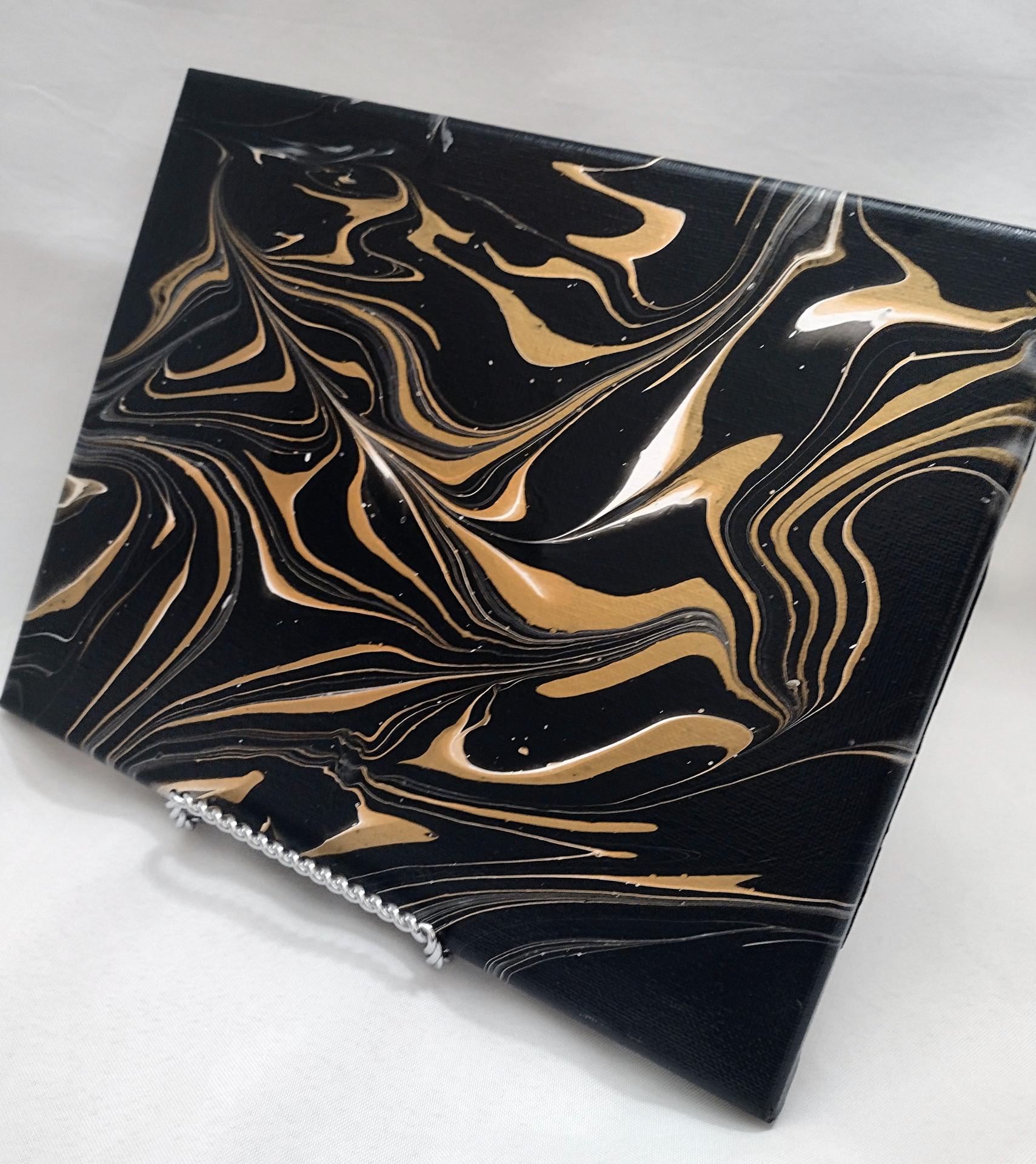 Black and Gold Abstract Original Acrylic Pour Painting, 8" x 10", Fluid Art Painting