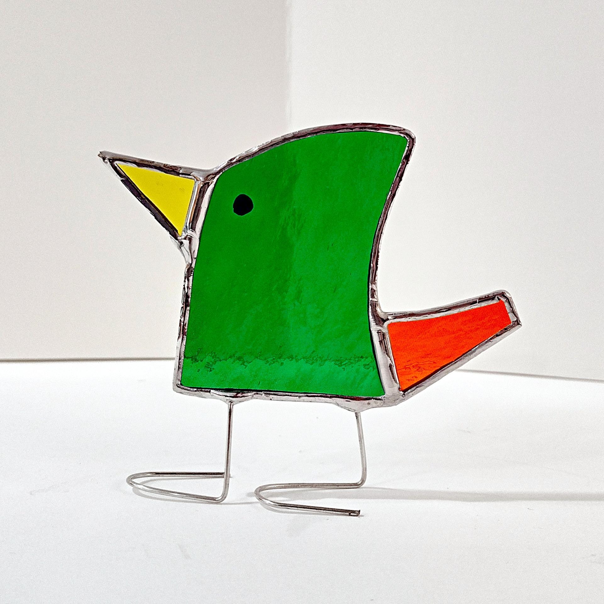 Stained Glass Standing Bird, Funky Green and Orange Glass Bird Suncatcher, Bird Lover Gift, Windowsill Sitter