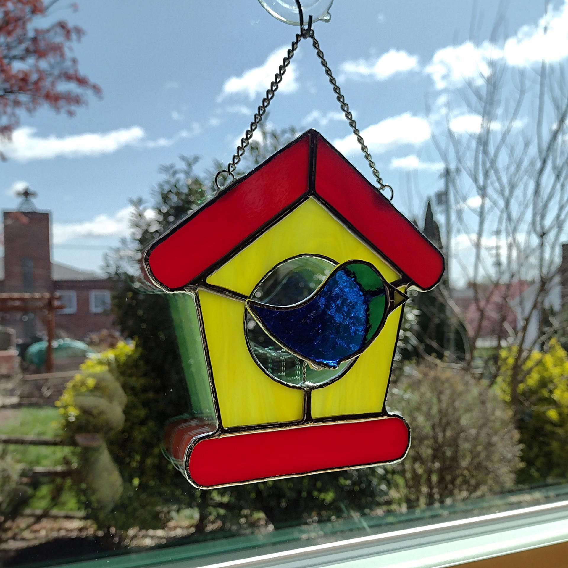 Stained Glass Bird House with Blue Bird Suncatcher