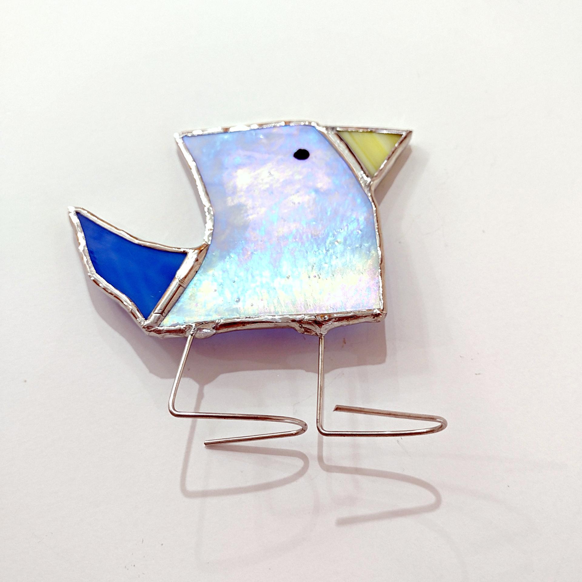 Stained Glass Standing Bird, Funky Glass Bird, Blue Iridescent Bird Suncatcher, Windowsill Sitter Free Standing Bird