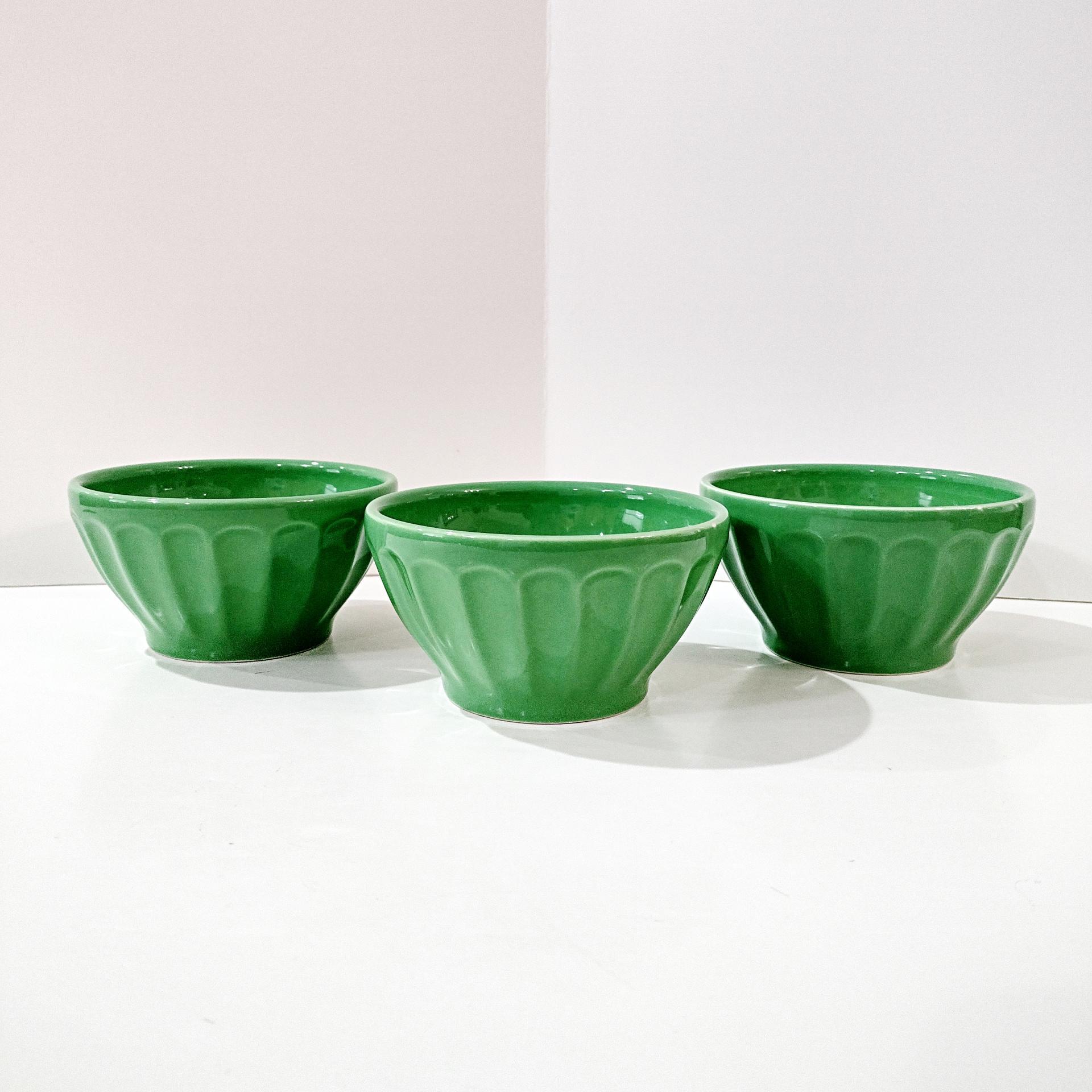 Vintage Anthropologie Kelly Green Biscuit Latte Bowls, Set of Three, Ceramic Cereal Soup Noodle Bowls