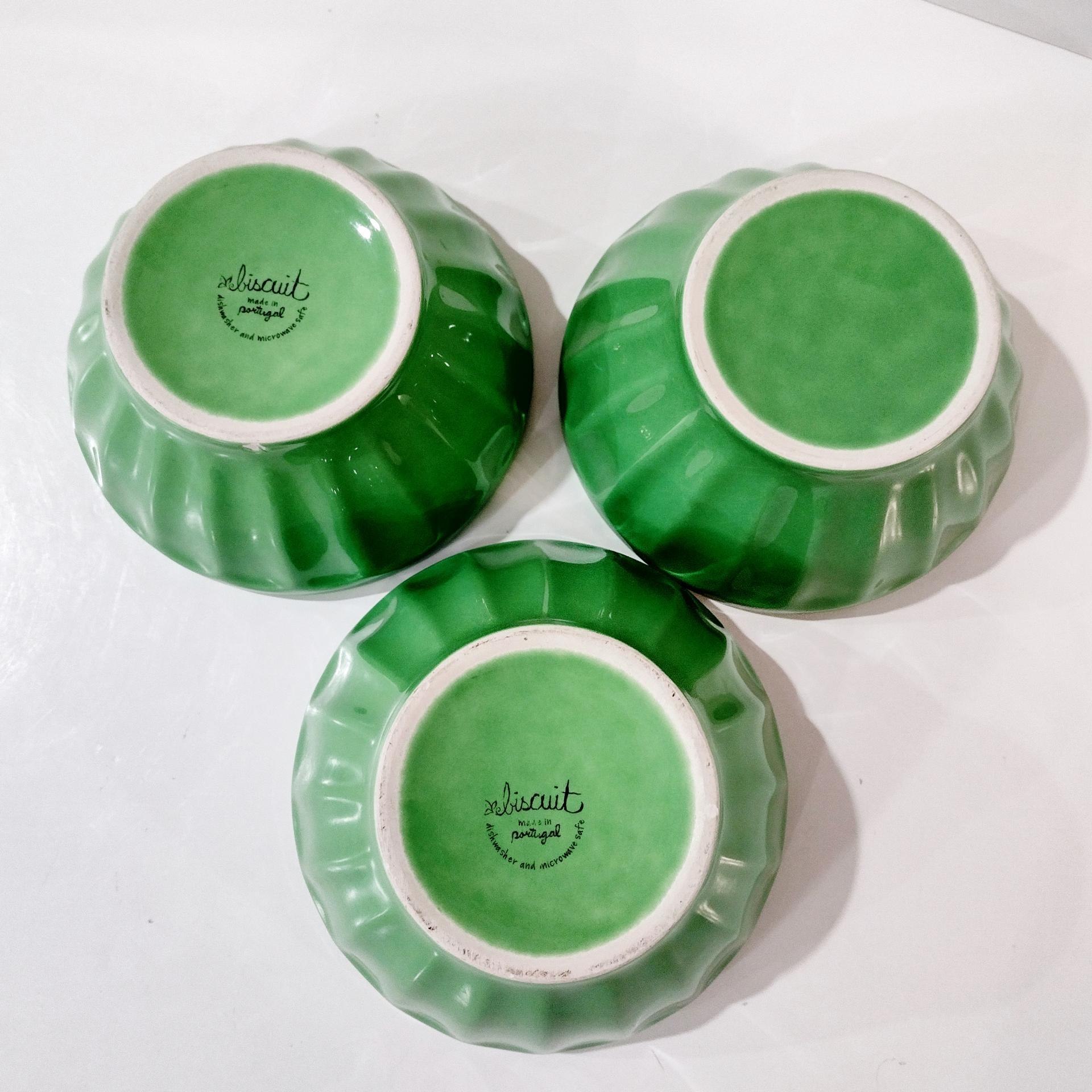 Vintage Anthropologie Kelly Green Biscuit Latte Bowls, Set of Three, Ceramic Cereal Soup Noodle Bowls