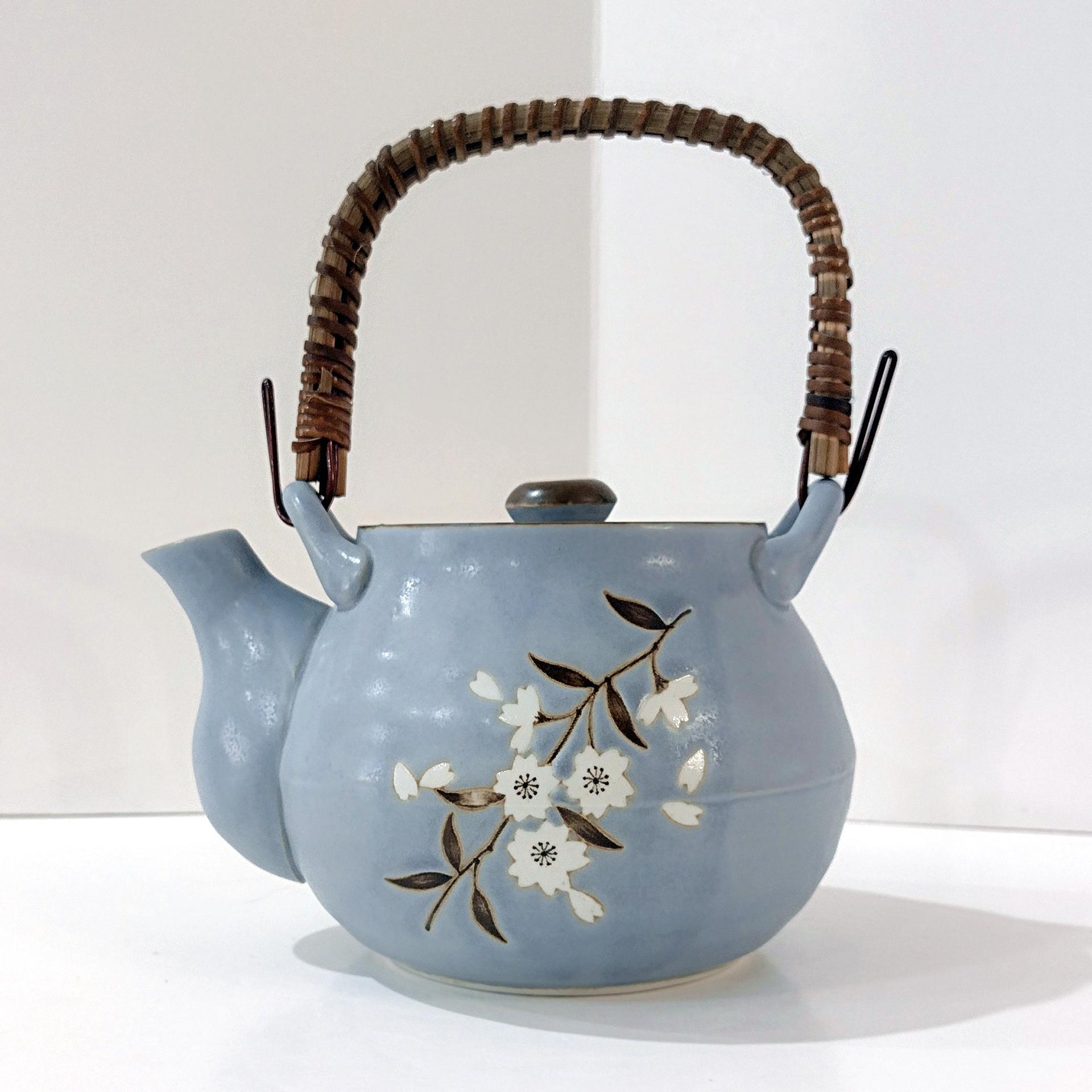 Vintage Blue Japanese Banko Ware Teapot with Cherry Blossom Design and Wicker Handle