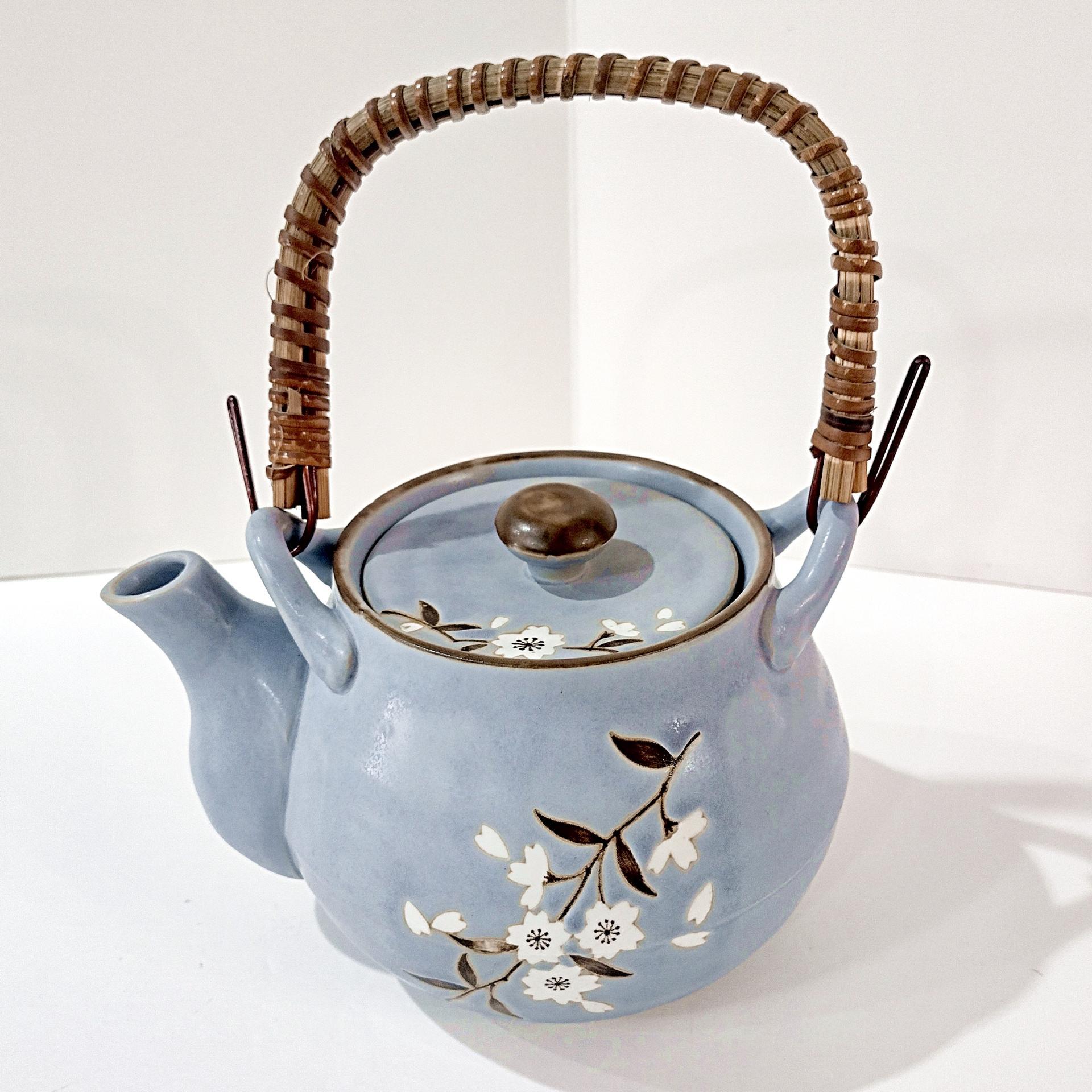 Vintage Blue Japanese Banko Ware Teapot with Cherry Blossom Design and Wicker Handle