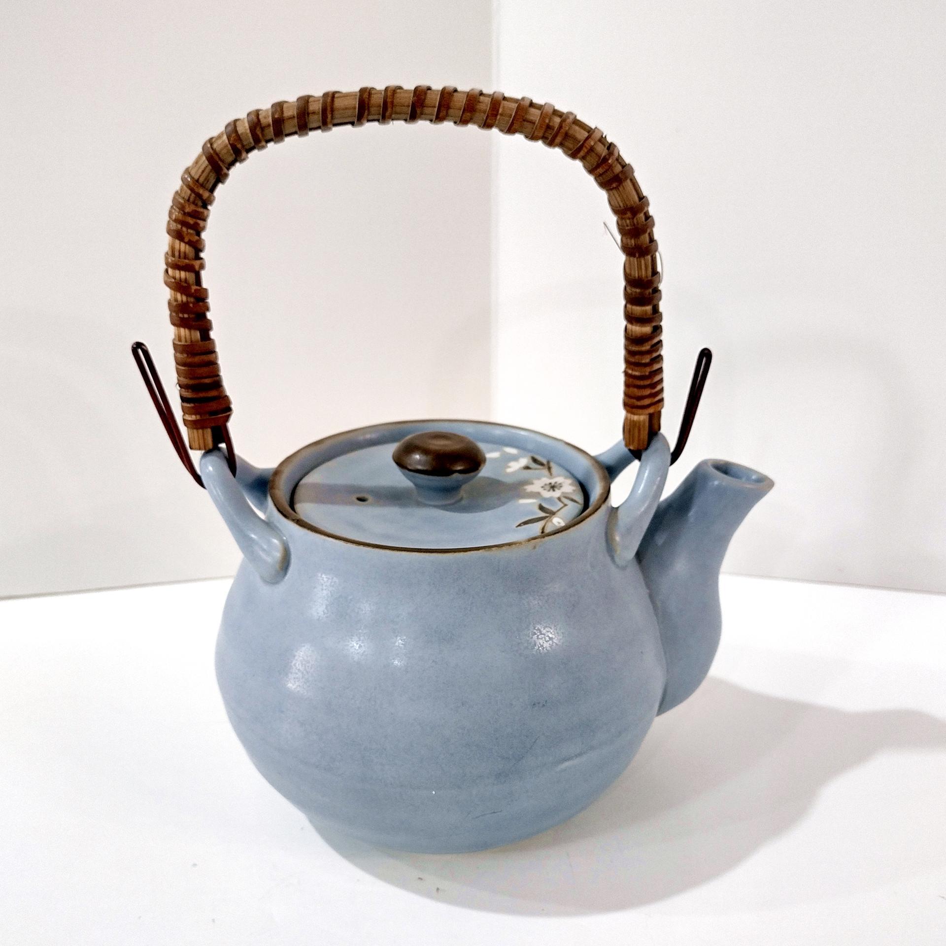 Vintage Blue Japanese Banko Ware Teapot with Cherry Blossom Design and Wicker Handle