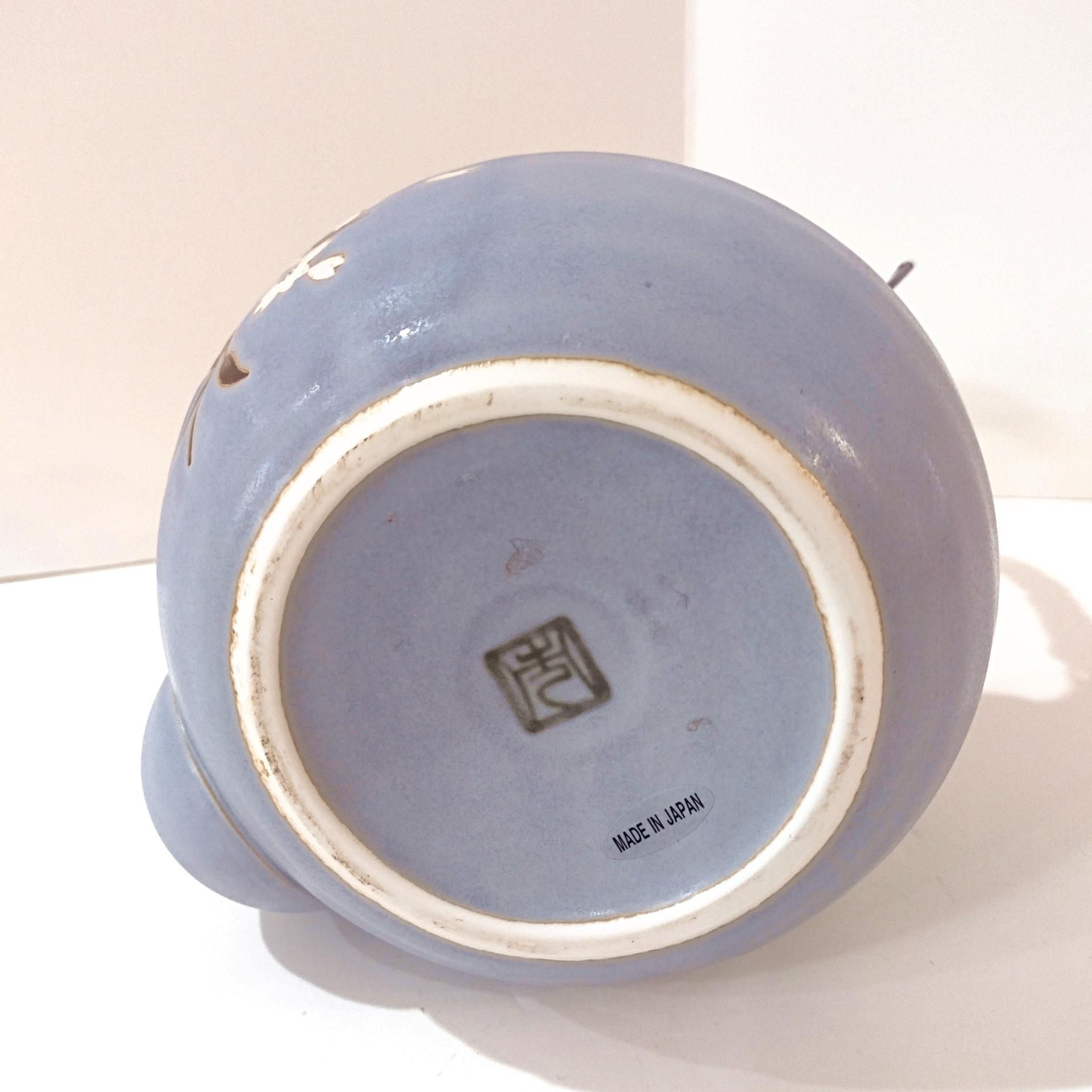 Vintage Blue Japanese Banko Ware Teapot with Cherry Blossom Design and Wicker Handle