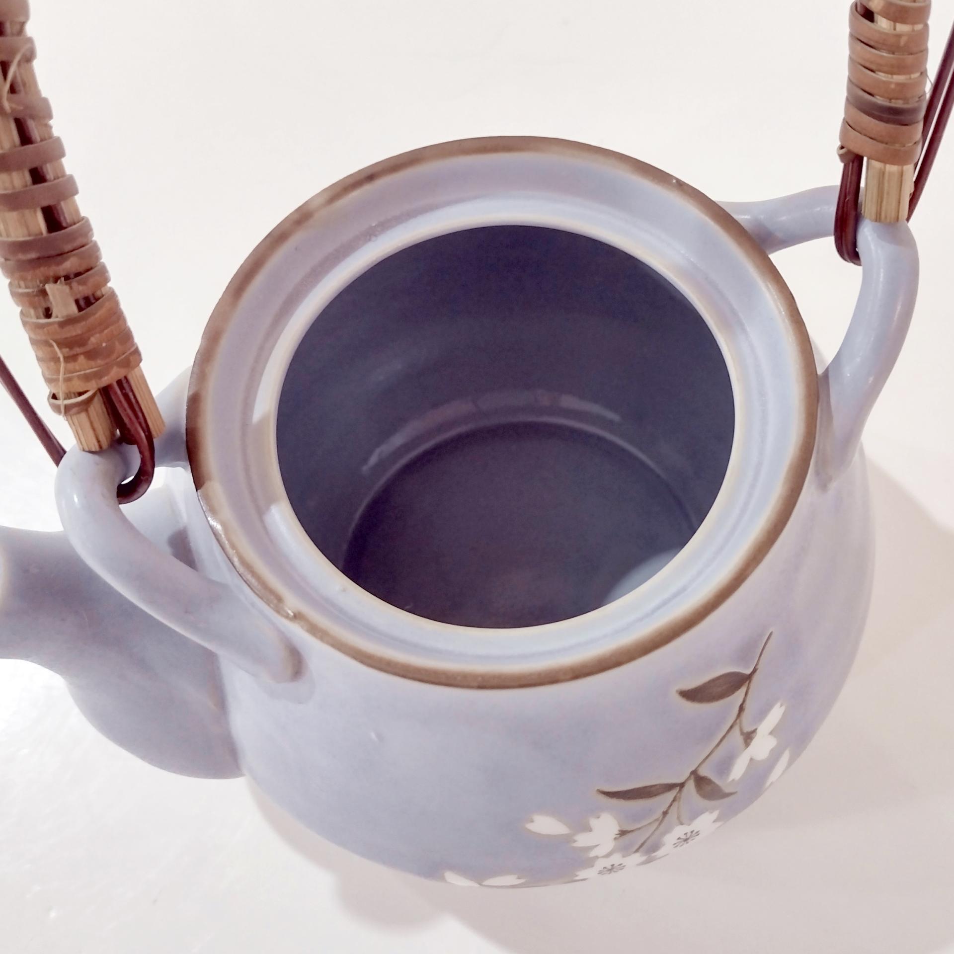 Vintage Blue Japanese Banko Ware Teapot with Cherry Blossom Design and Wicker Handle