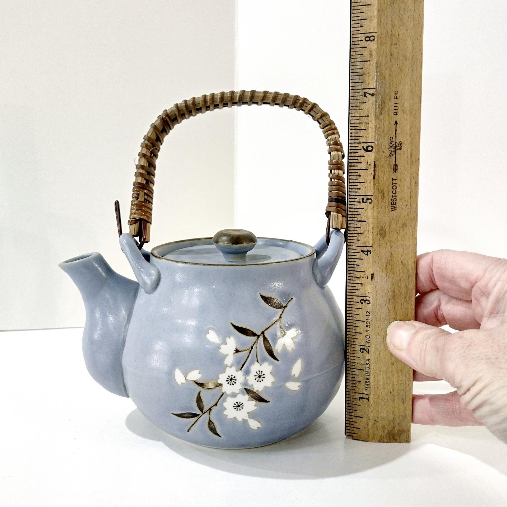 Vintage Blue Japanese Banko Ware Teapot with Cherry Blossom Design and Wicker Handle
