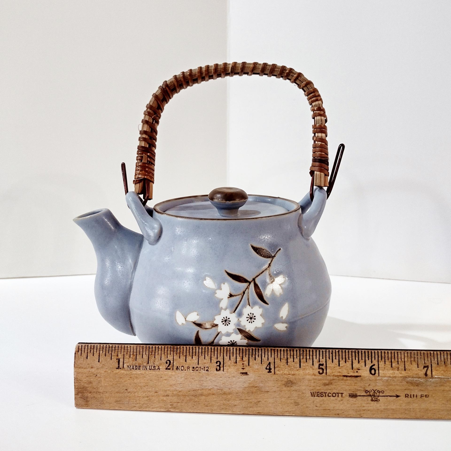 Vintage Blue Japanese Banko Ware Teapot with Cherry Blossom Design and Wicker Handle