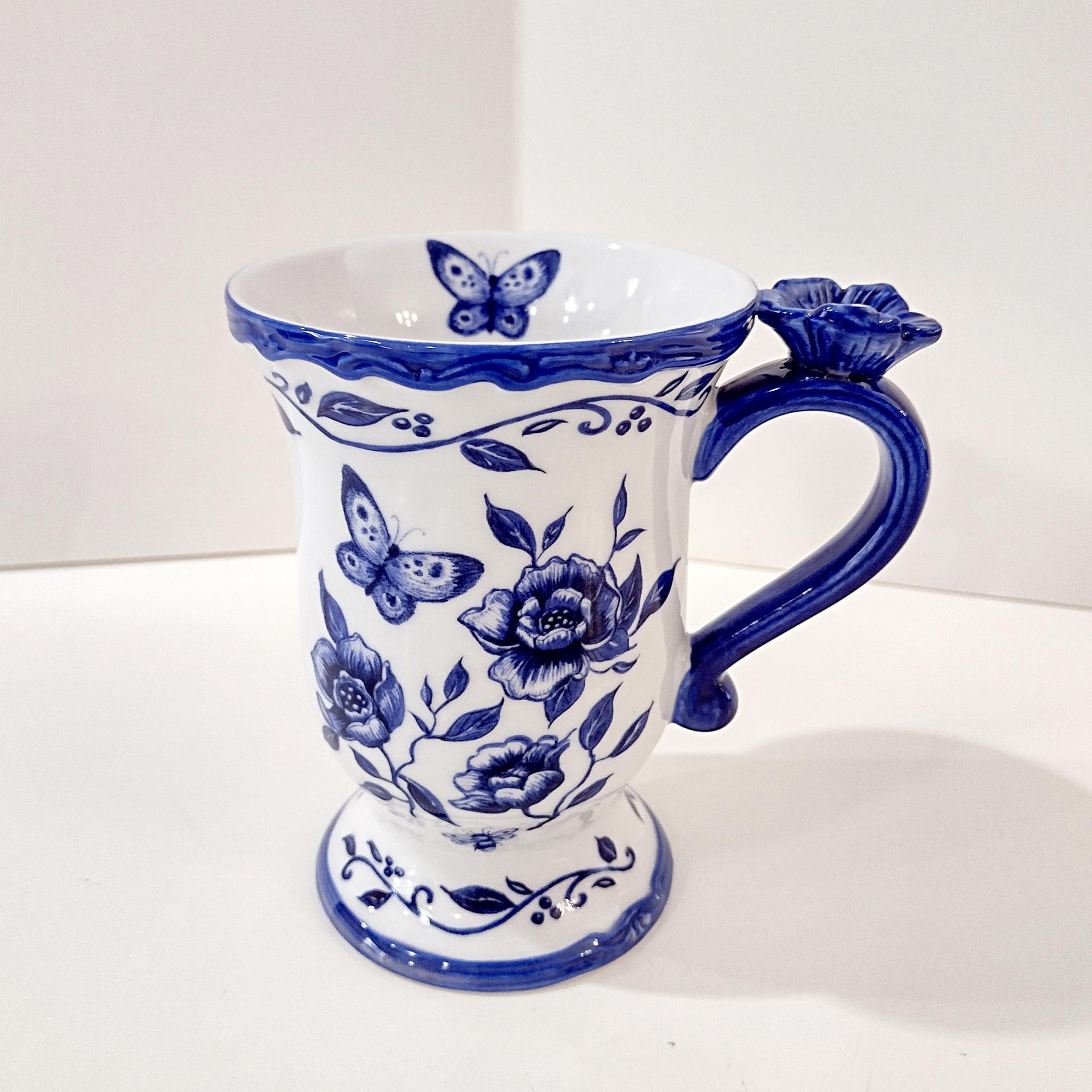 Vintage Cracker Barrel Blue Bliss Butterfly Floral Coffee Tea Mug, Blue White Toile Mug