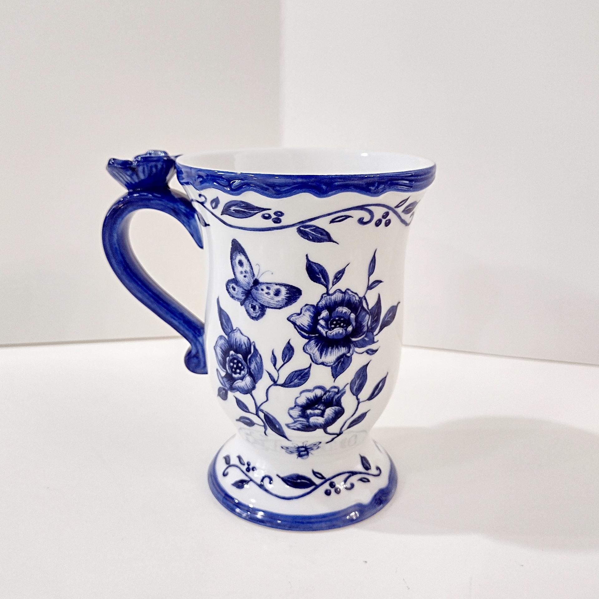 Vintage Cracker Barrel Blue Bliss Butterfly Floral Coffee Tea Mug, Blue White Toile Mug