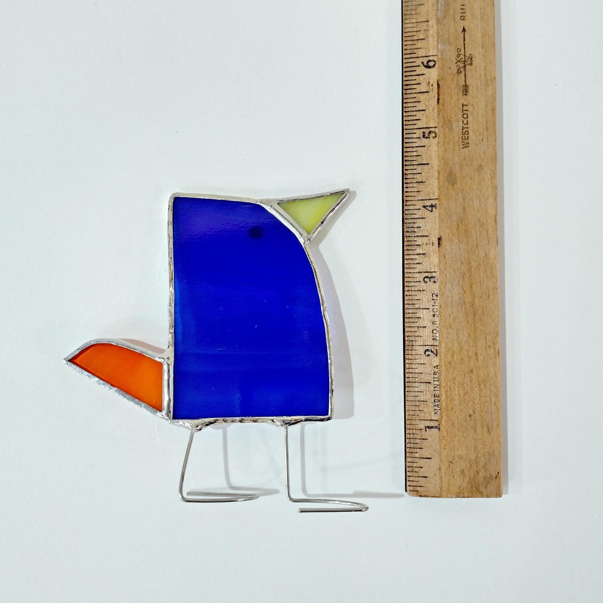 Stained Glass Standing Bird, Funky Blue and Orange Glass Bird Suncatcher, Bird Lover Gift
