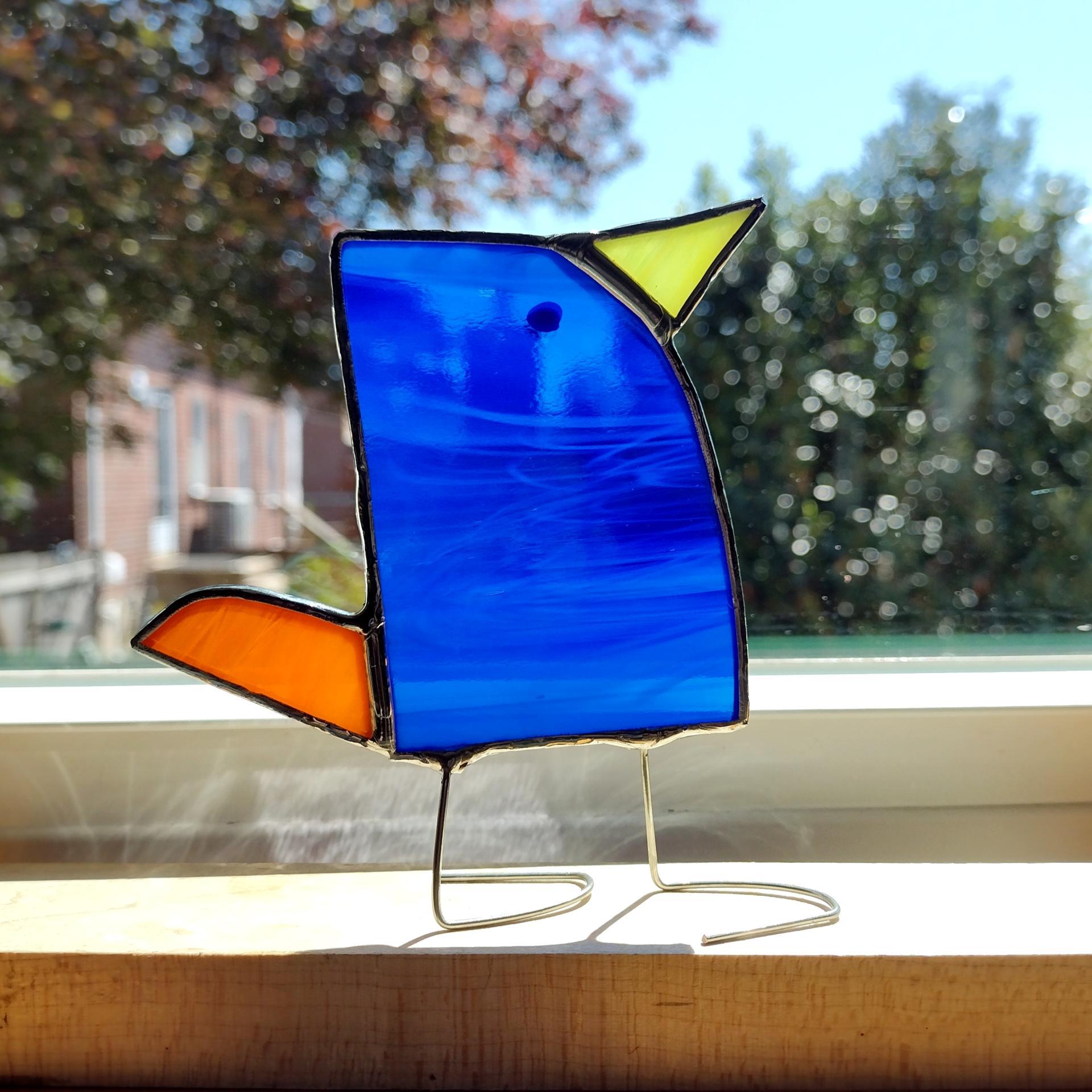 Stained Glass Standing Bird, Funky Blue and Orange Glass Bird Suncatcher, Bird Lover Gift