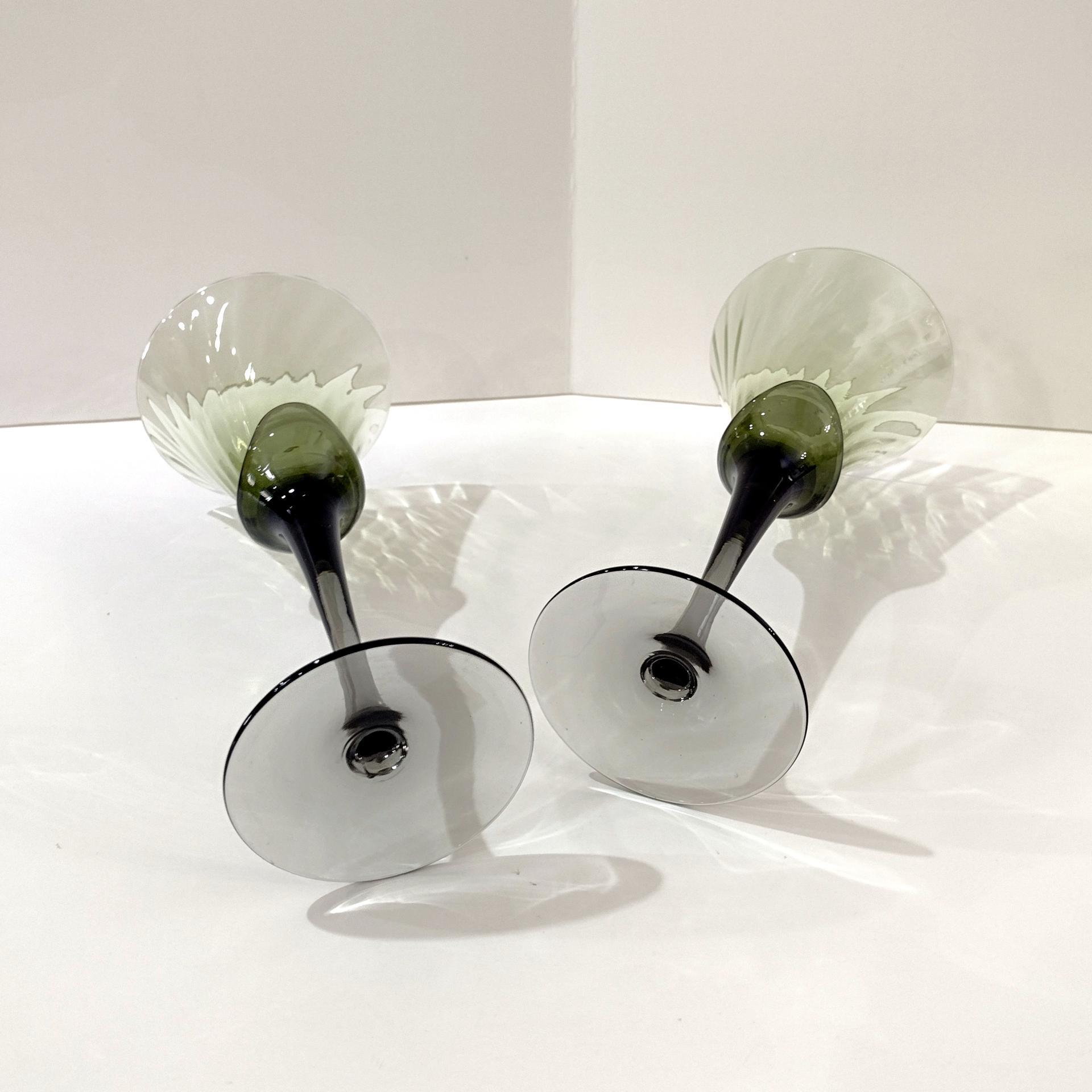 Vintage Mikasa Blossom Sage Green Wine Water Glasses, Set of Two, Green Blown Glass Tall Goblets