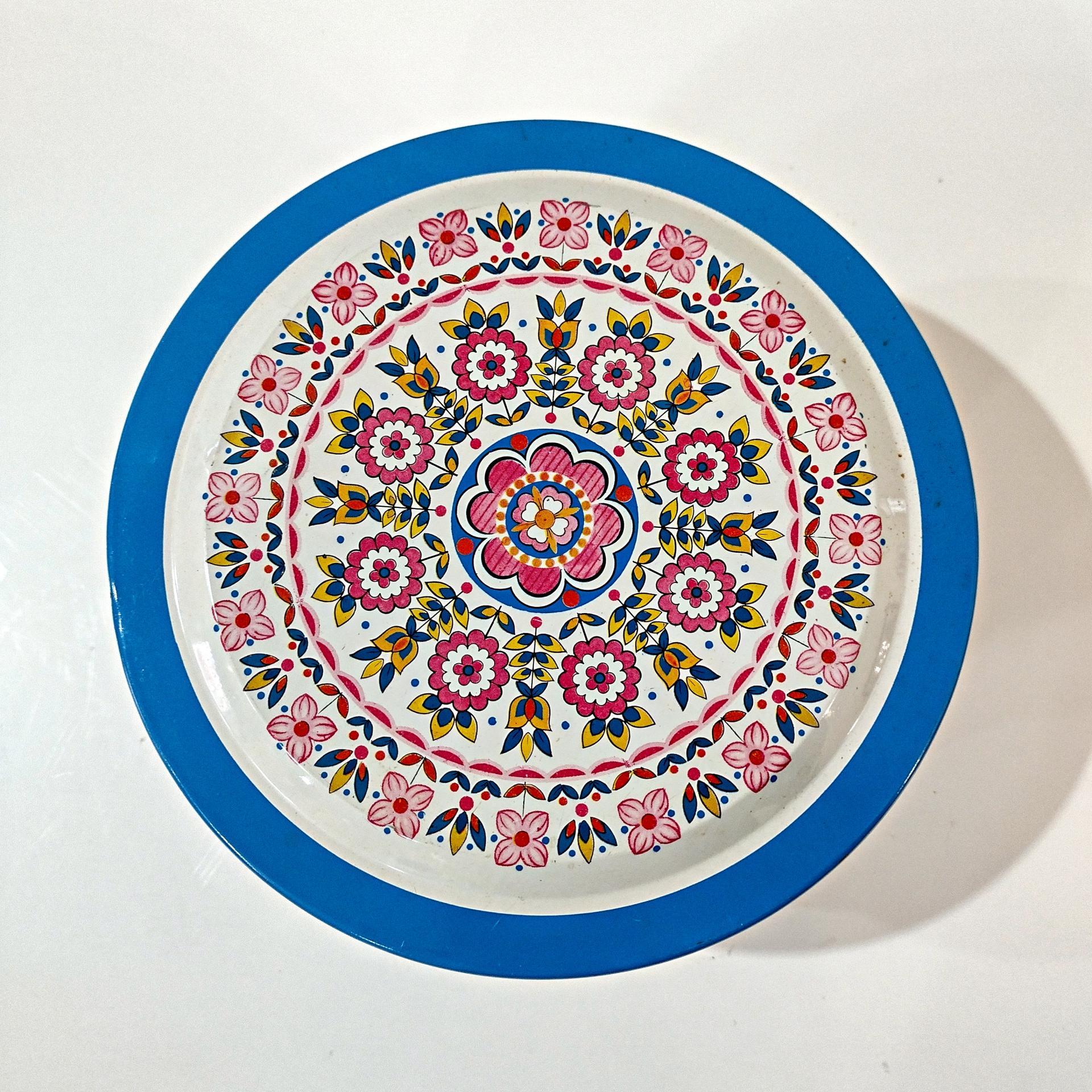 Vintage Blue and Pink Mosaic Mandala Flowers Round Metal Tin Storage Container, Brazilian Floral Gift Tin