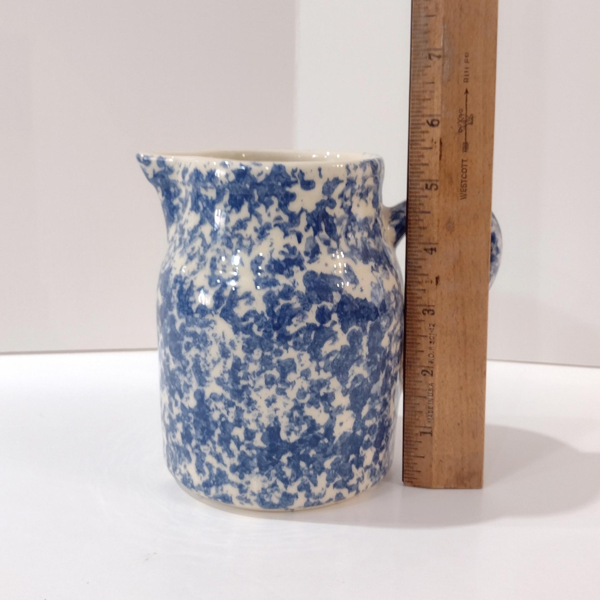 Vintage Blue Spongeware Small Pitcher Vase, Workshops of Gerald E Henn Pottery, Roseville Spongeware Pottery