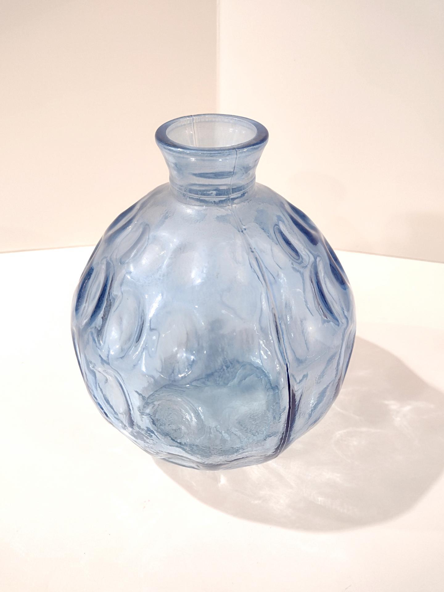 Vintage San Miguel Blue Round Globe Thumbprint Recycled Glass Vase
