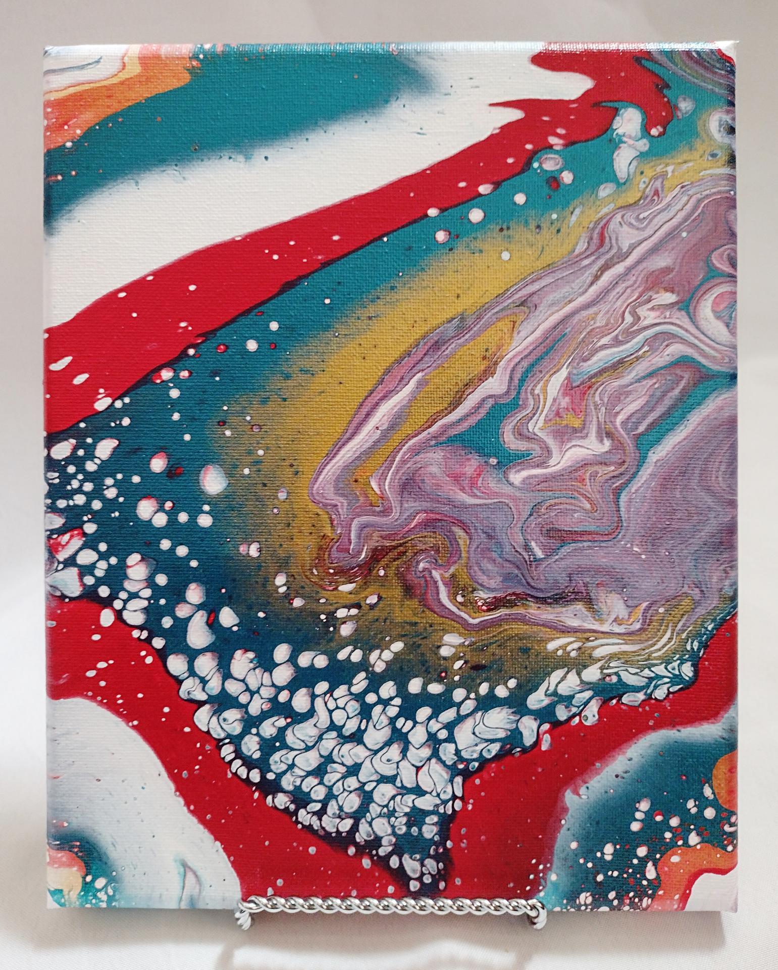 Red, Blue, Gold, and Purple Abstract Original Acrylic Pour Painting, 8" x 10", Fluid Art Painting
