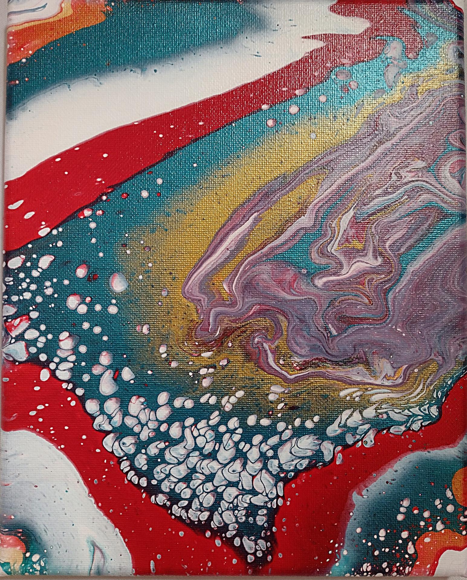 Red, Blue, Gold, and Purple Abstract Original Acrylic Pour Painting, 8" x 10", Fluid Art Painting