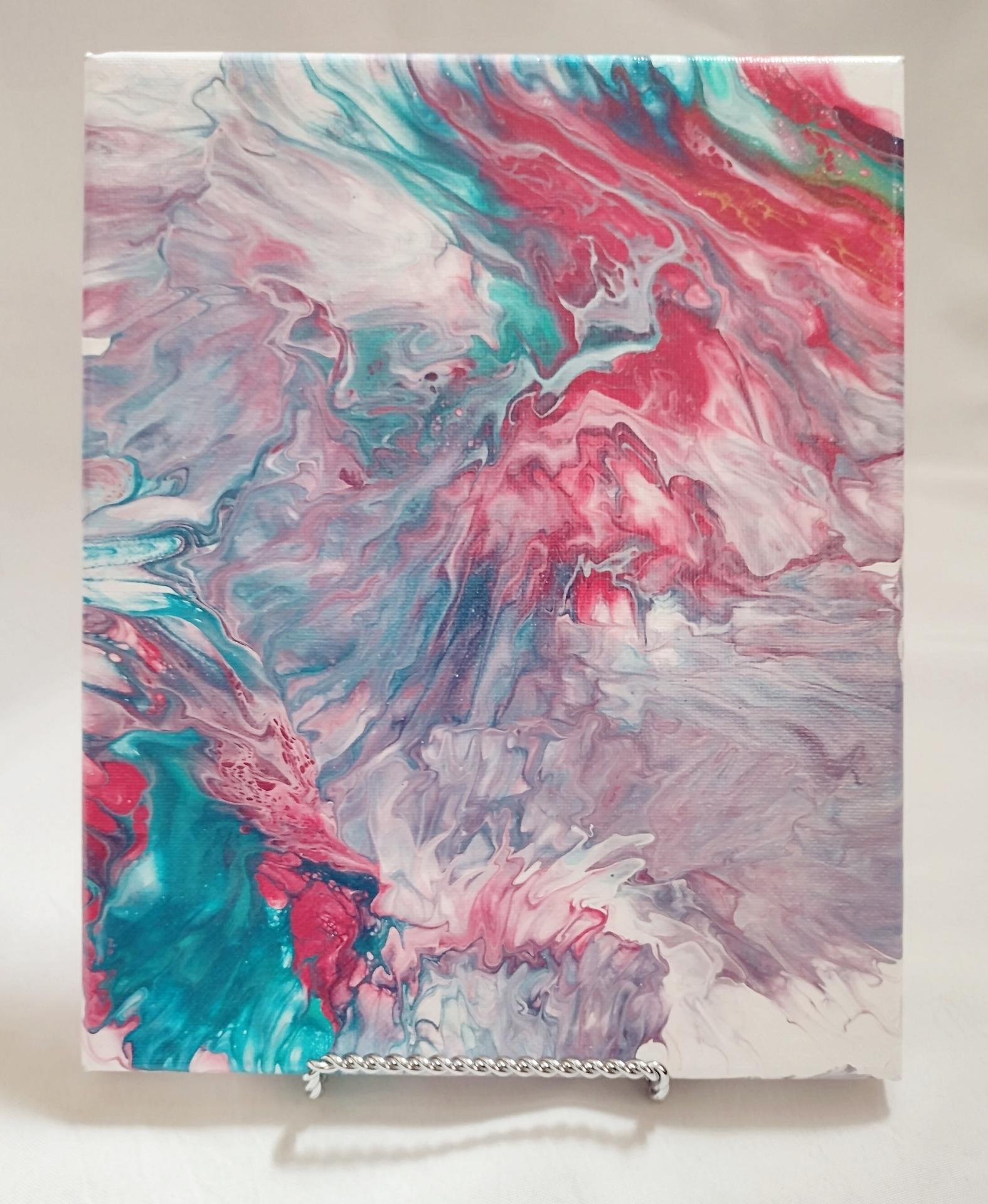 Pink, Blue, and Gray Abstract Original Acrylic Pour Painting, 8" x 10", Fluid Art Painting