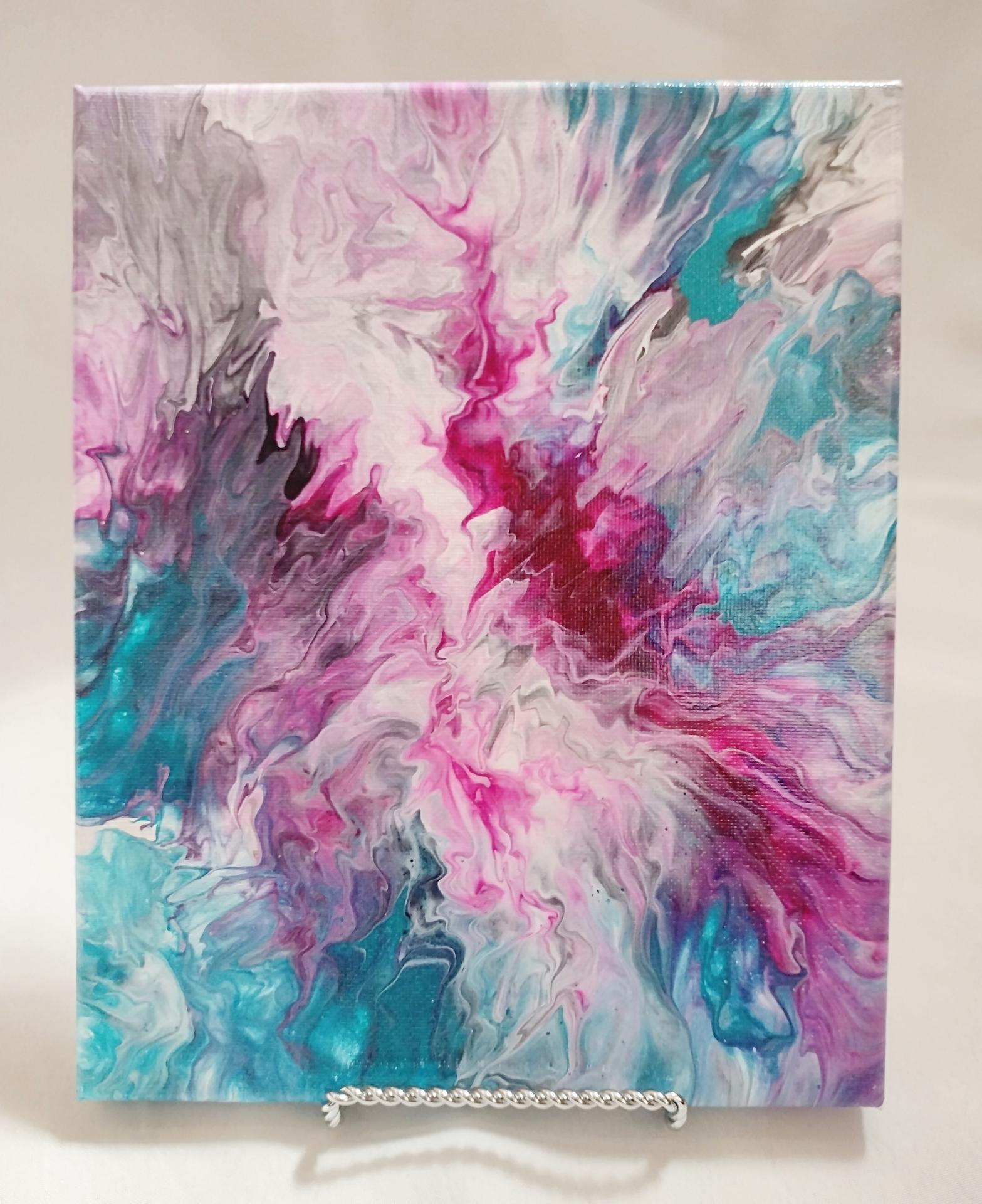 8x10 Original Fluid Art Canvas Painting. Acrylic Pour Abstract Home Decor.  Fine Art. Trendy Design. Pink Black White. Gold Accent. 