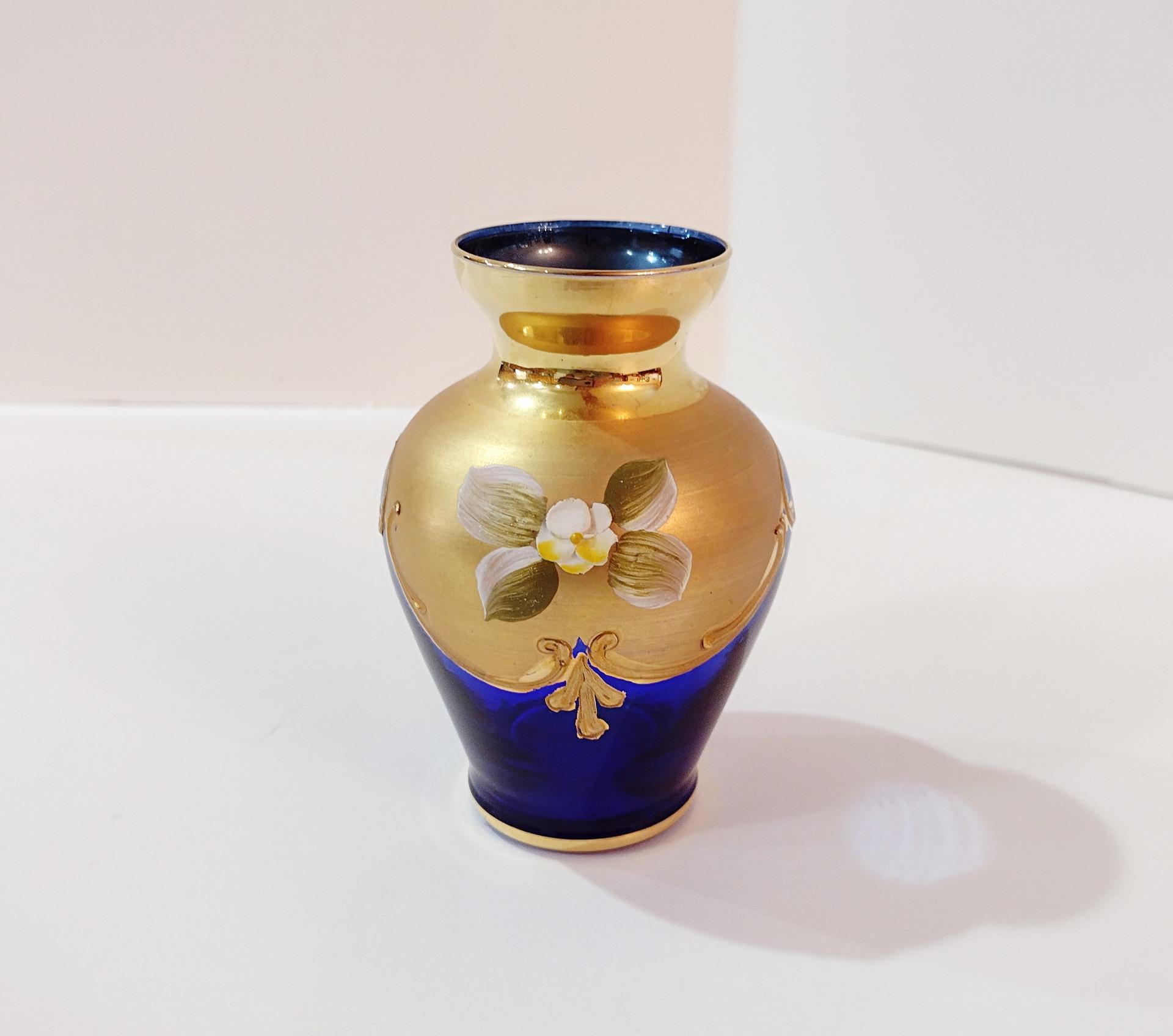 Vintage Bohemian Czech Cobalt Blue and Gold Hand Painted Small Vase