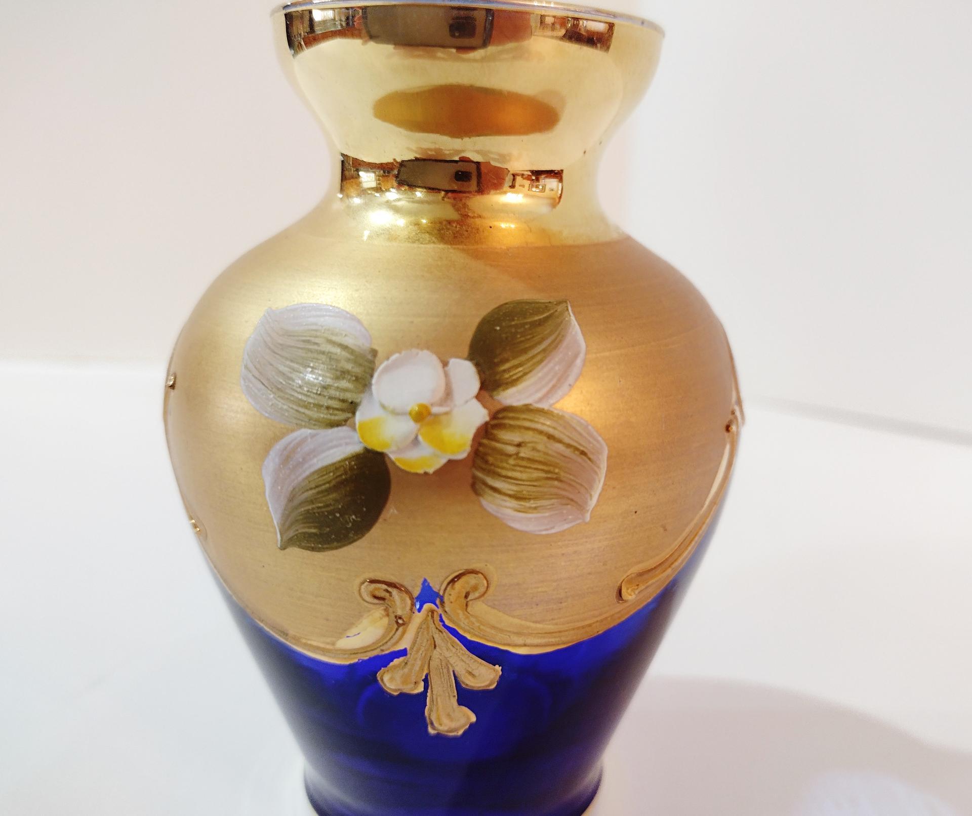 Vintage Bohemian Czech Cobalt Blue and Gold Hand Painted Small Vase