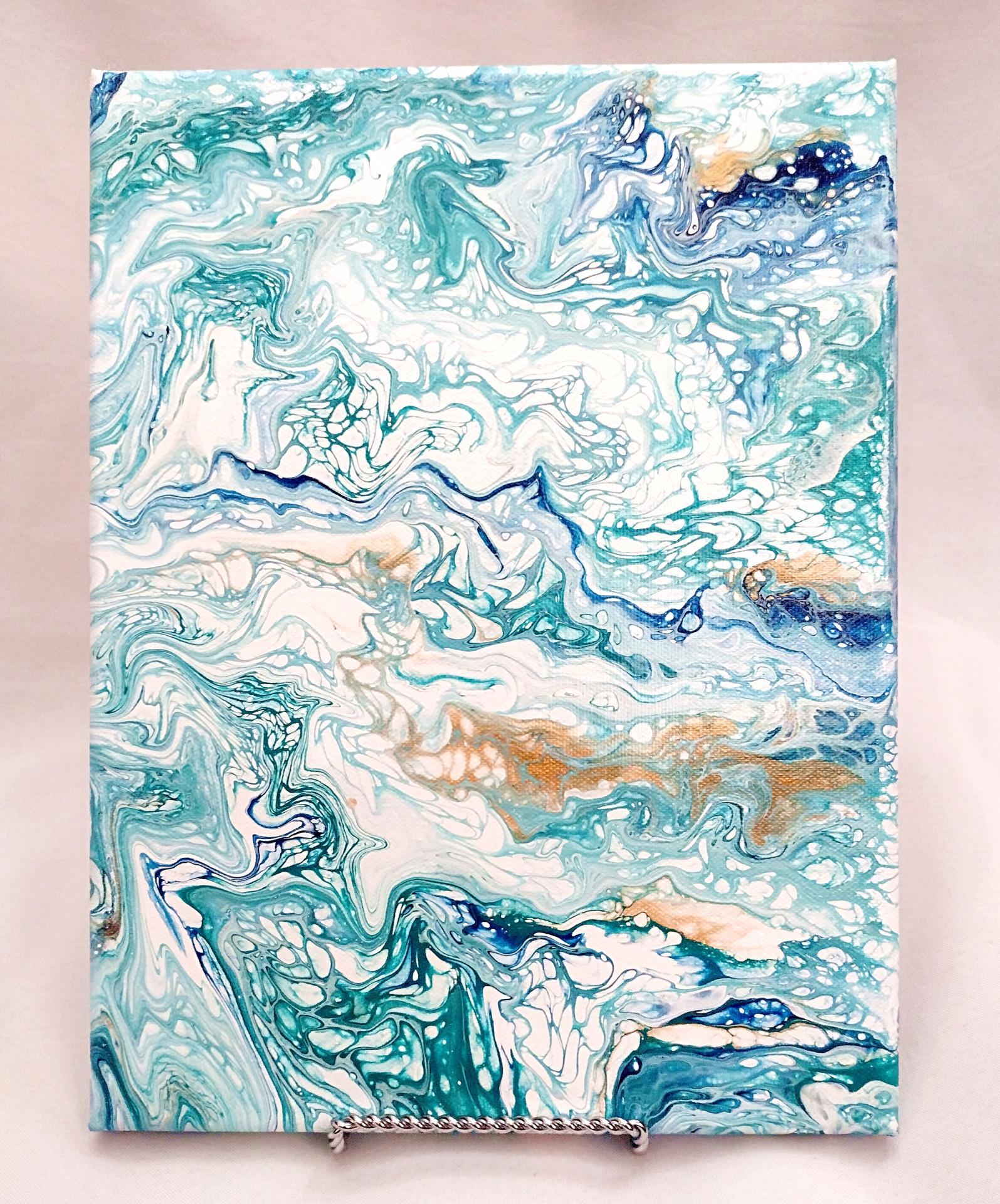 Blue and Gold Abstract Original Acrylic Pour Painting, 9" x 12", Fluid Art Painting