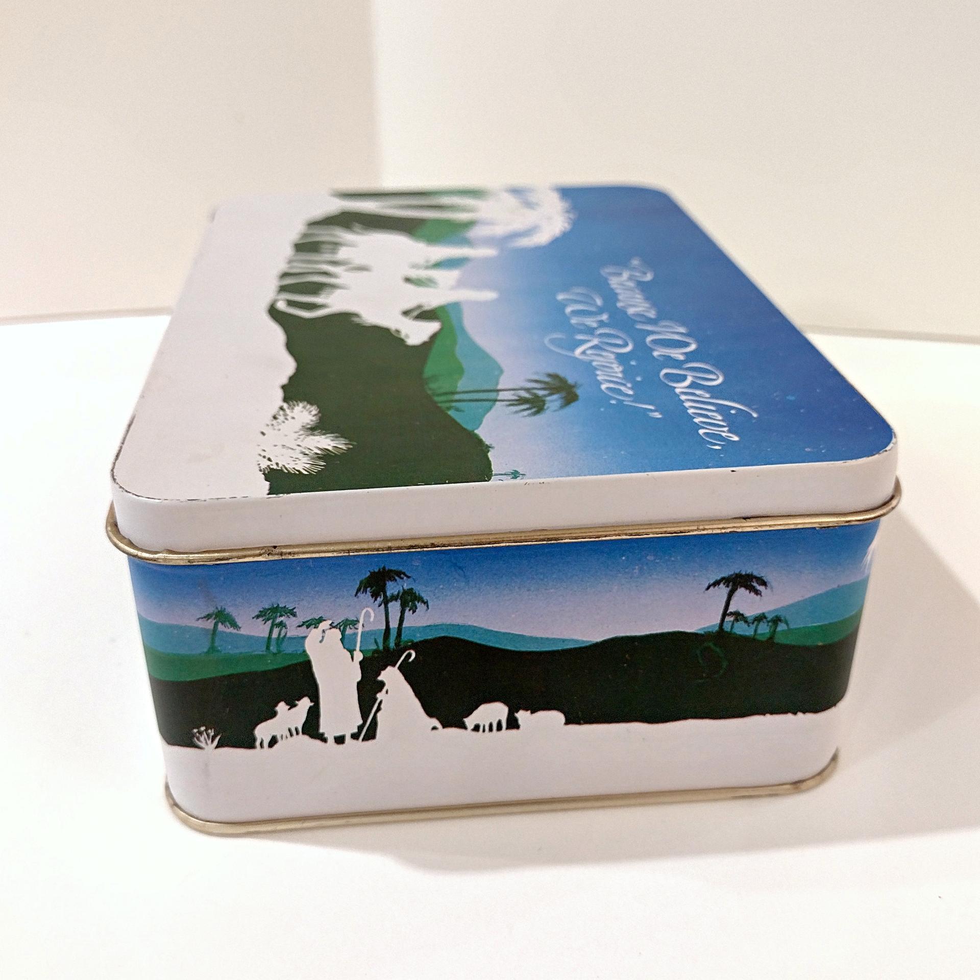 Vintage 1987 Because We Believe We Rejoice Religious Holiday Christmas Tin Container Storage Box, Christmas Gift Cookie Tin