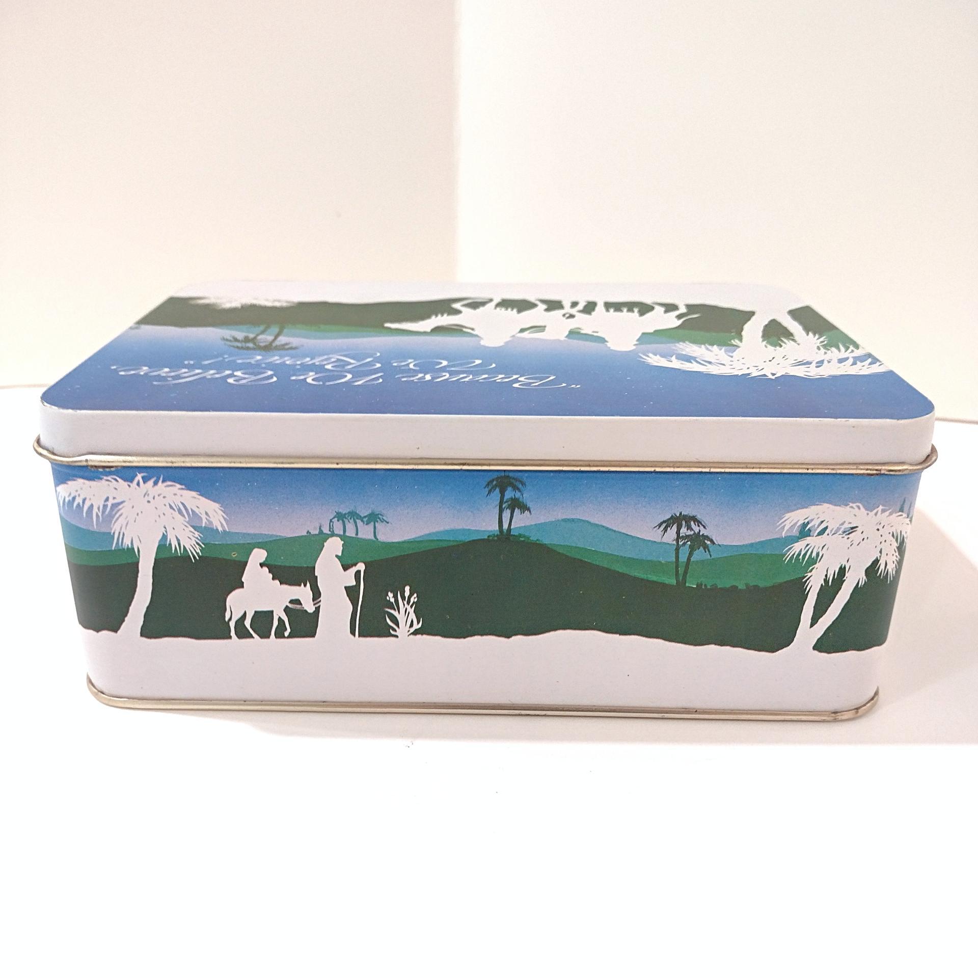 Vintage 1987 Because We Believe We Rejoice Religious Holiday Christmas Tin Container Storage Box, Christmas Gift Cookie Tin