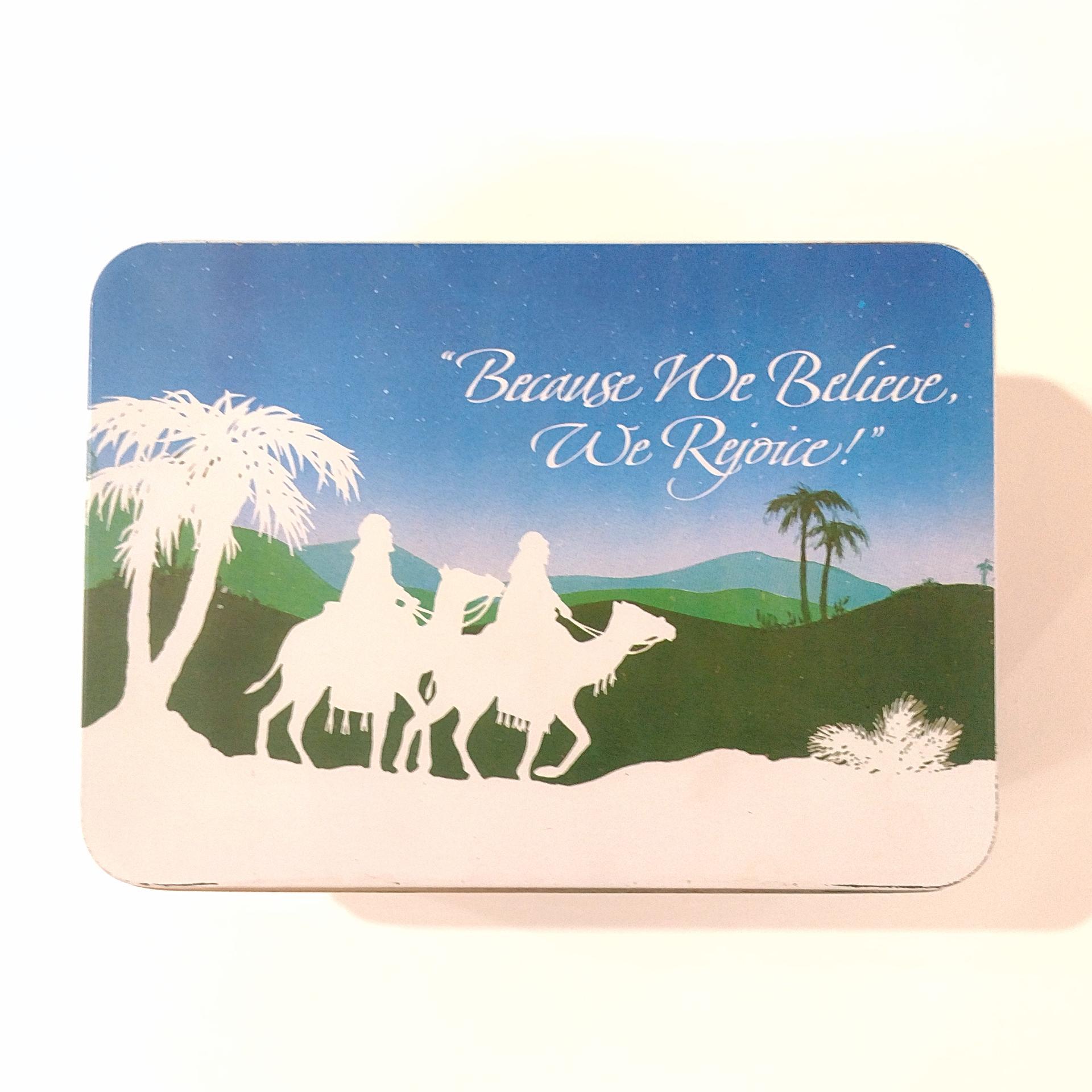 Vintage 1987 Because We Believe We Rejoice Religious Holiday Christmas Tin Container Storage Box, Christmas Gift Cookie Tin
