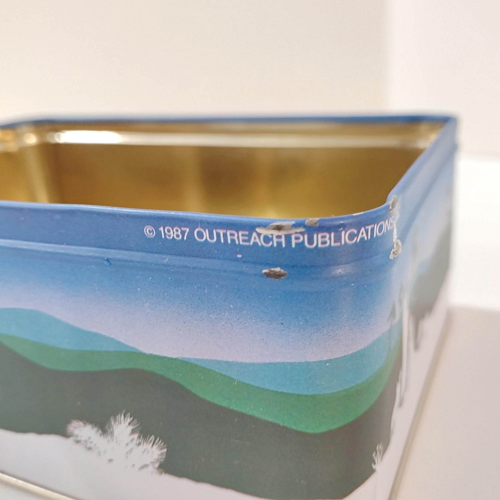 Vintage 1987 Because We Believe We Rejoice Religious Holiday Christmas Tin Container Storage Box, Christmas Gift Cookie Tin