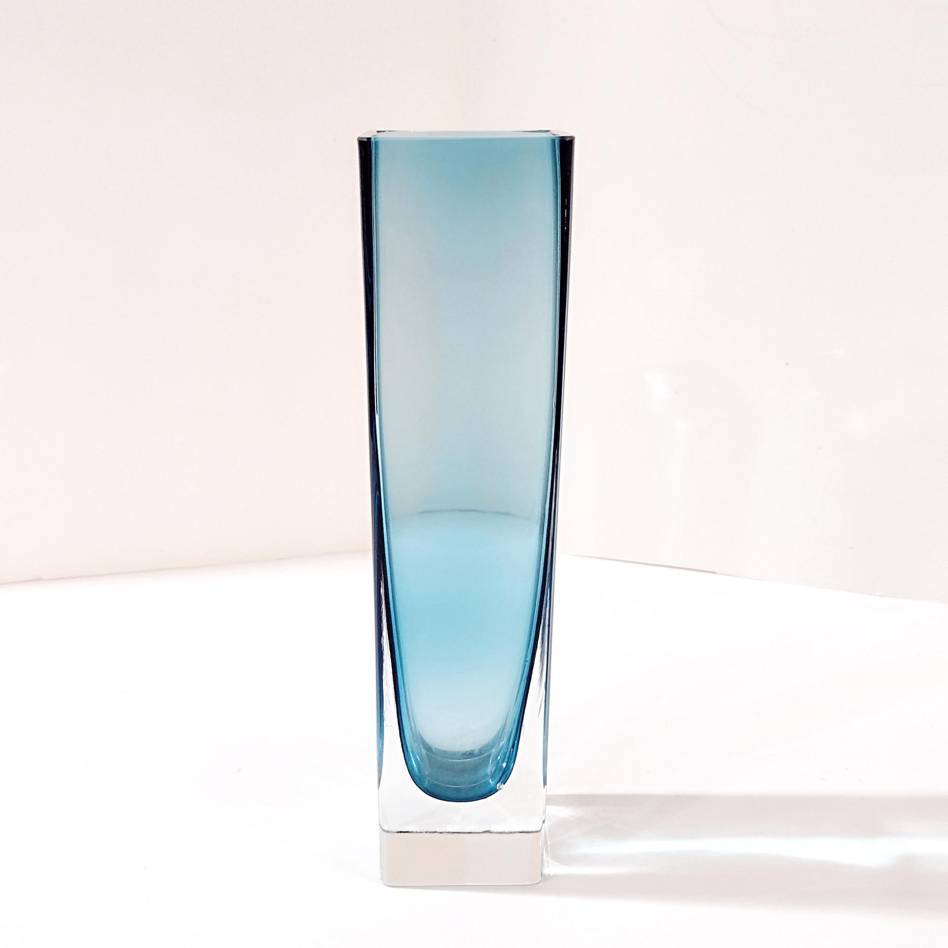 Vintage MCM Smoky Teal Blue Tall Straight Blown Glass Vase