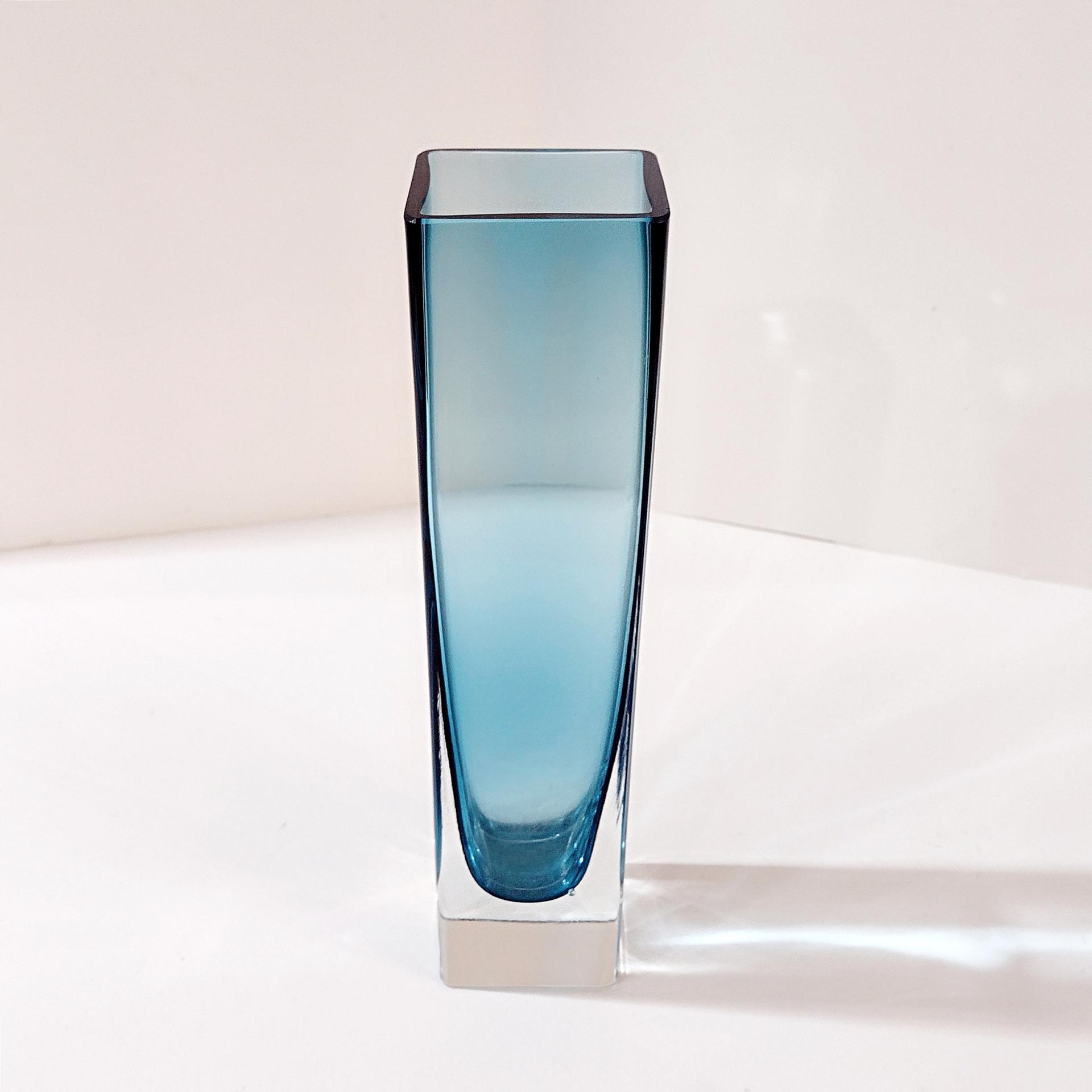 Vintage MCM Smoky Teal Blue Tall Straight Blown Glass Vase