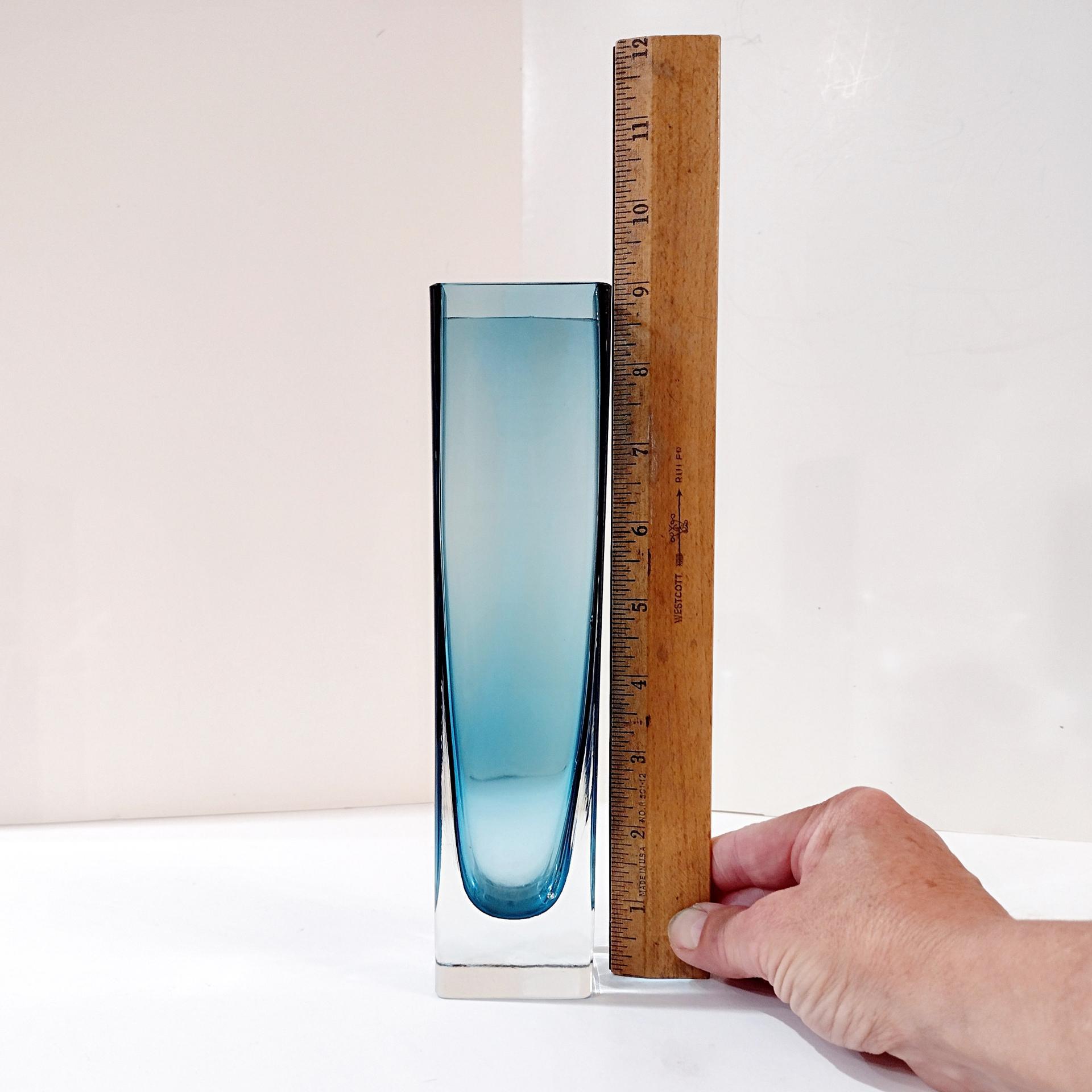 Vintage MCM Smoky Teal Blue Tall Straight Blown Glass Vase