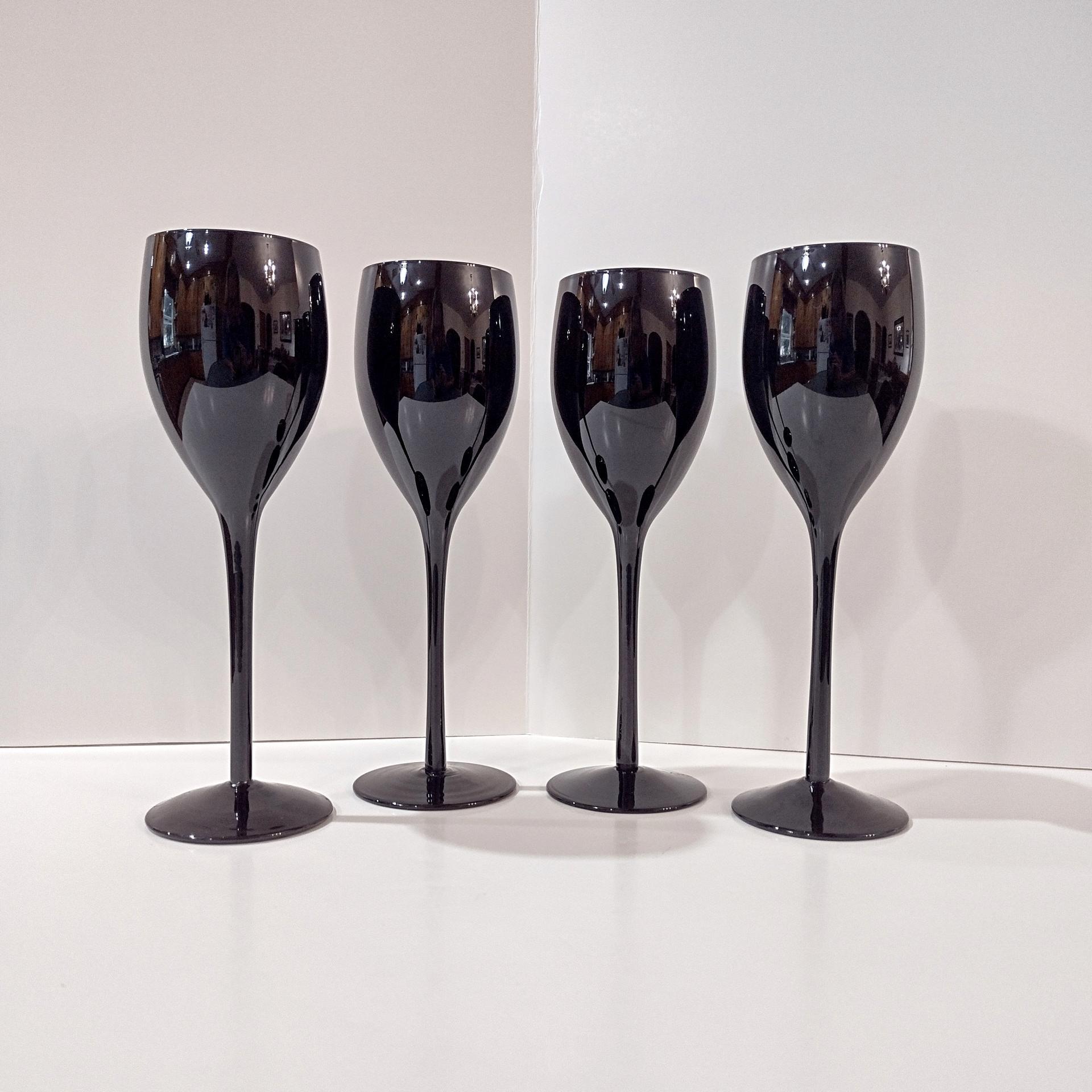  Vintage Solid Black Wine Glasses, Set of Four