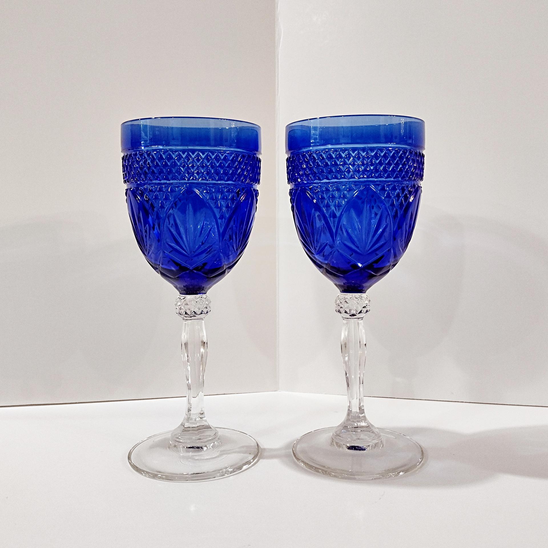 Vintage Cristal D'Arques Antique Sapphire Blue Wine Glasses Water Goblets, Set of Two