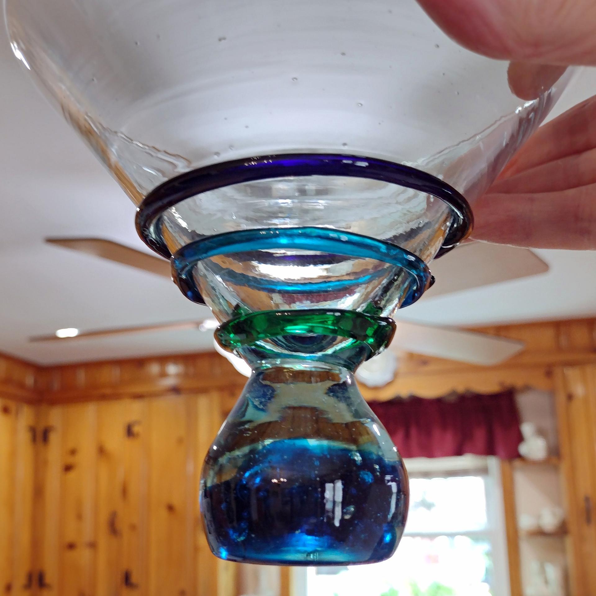 Vintage Mexican Hand Blown Martini Cocktail Glass with Blue and Green Glass Ribbons and Ball Base