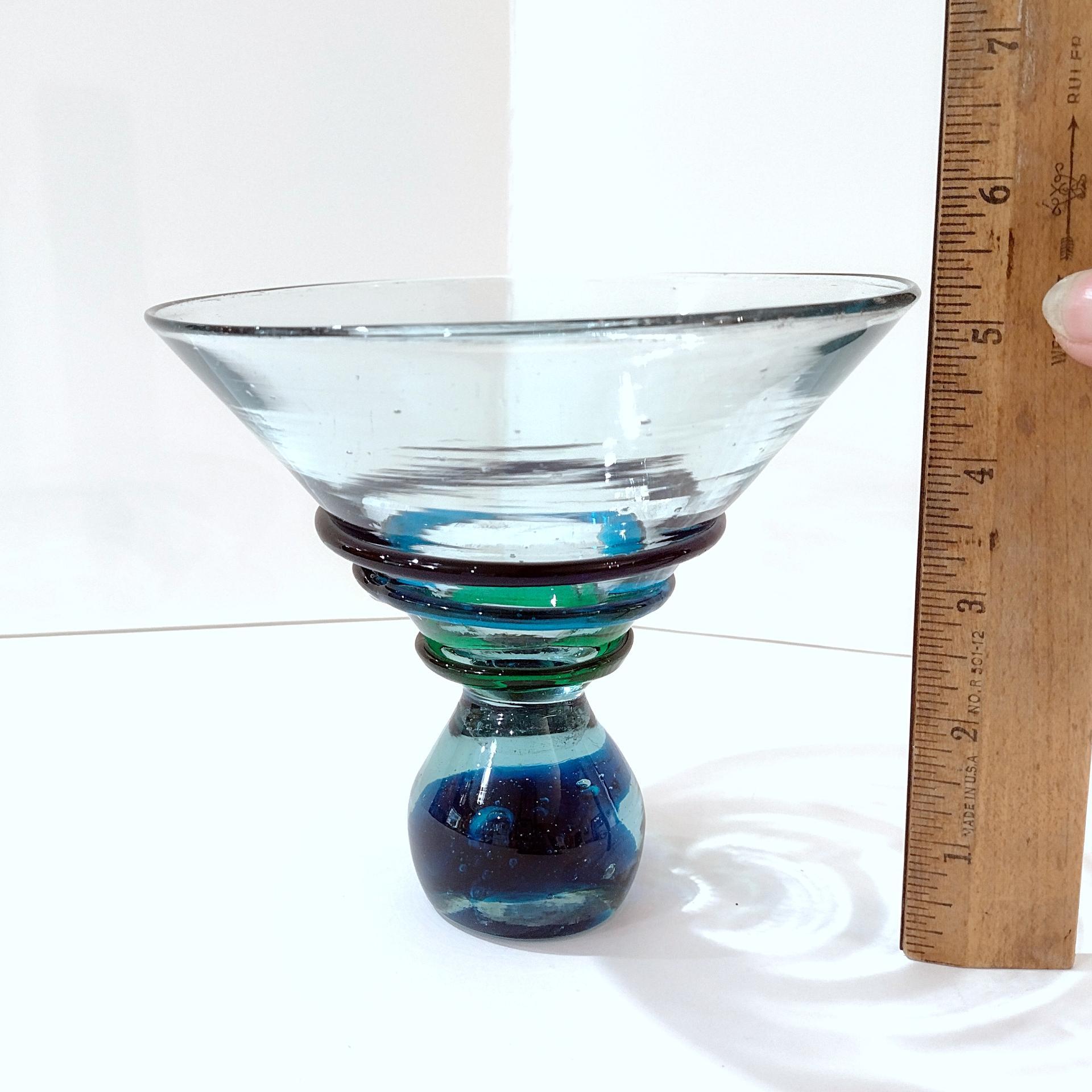 Vintage Mexican Hand Blown Martini Cocktail Glass with Blue and Green Glass Ribbons and Ball Base