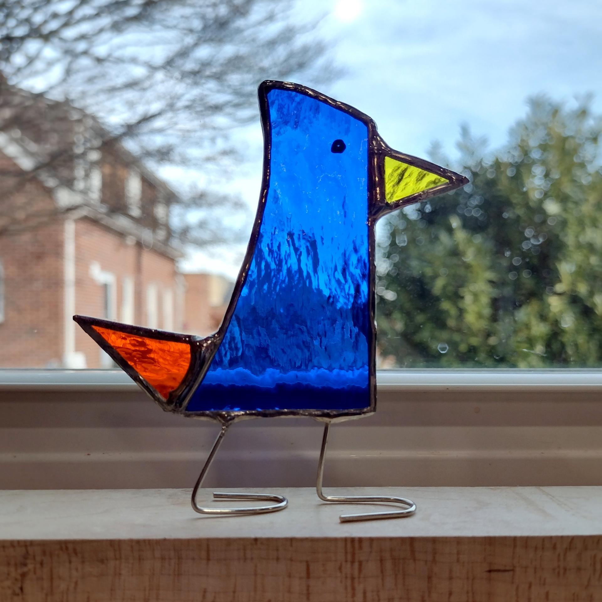 Stained Glass Standing Bird, Funky Glass Bird, Blue and Orange Bird Suncatcher, Windowsill Free Standing Bird