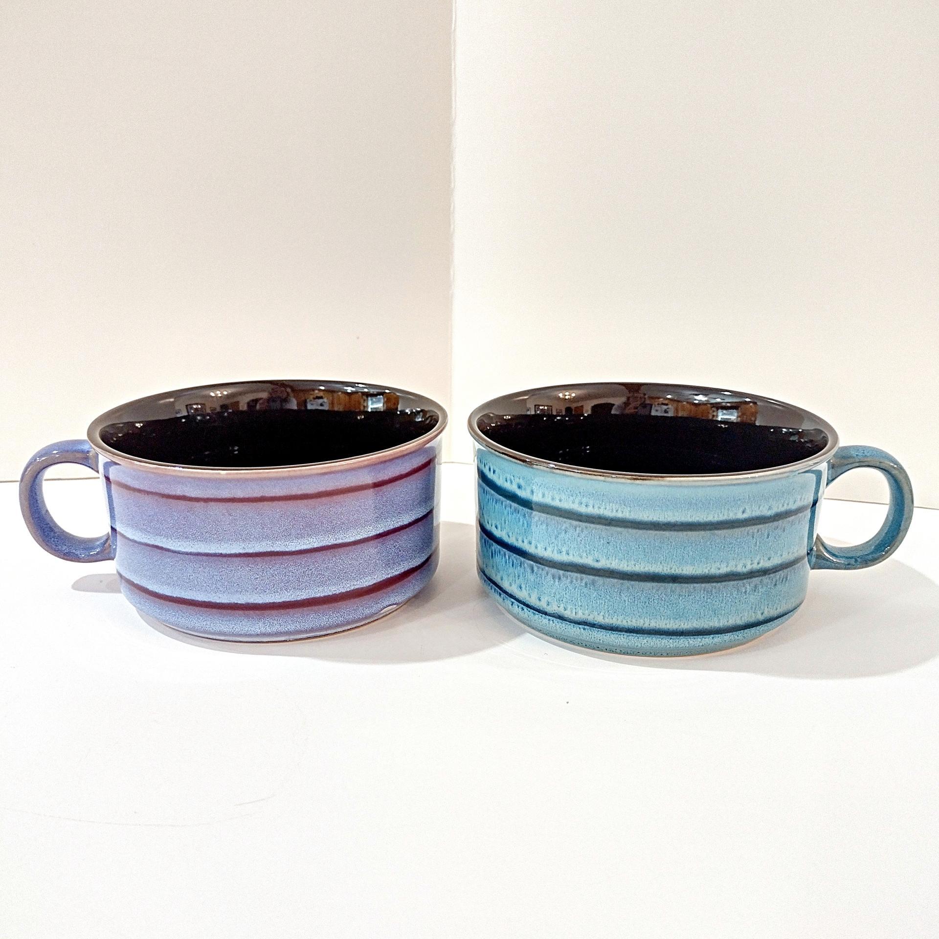 Vintage Aqua Blue and Purple Striped Large Ceramic Soup Mugs, Set of 2, French Onion Soup Crocks