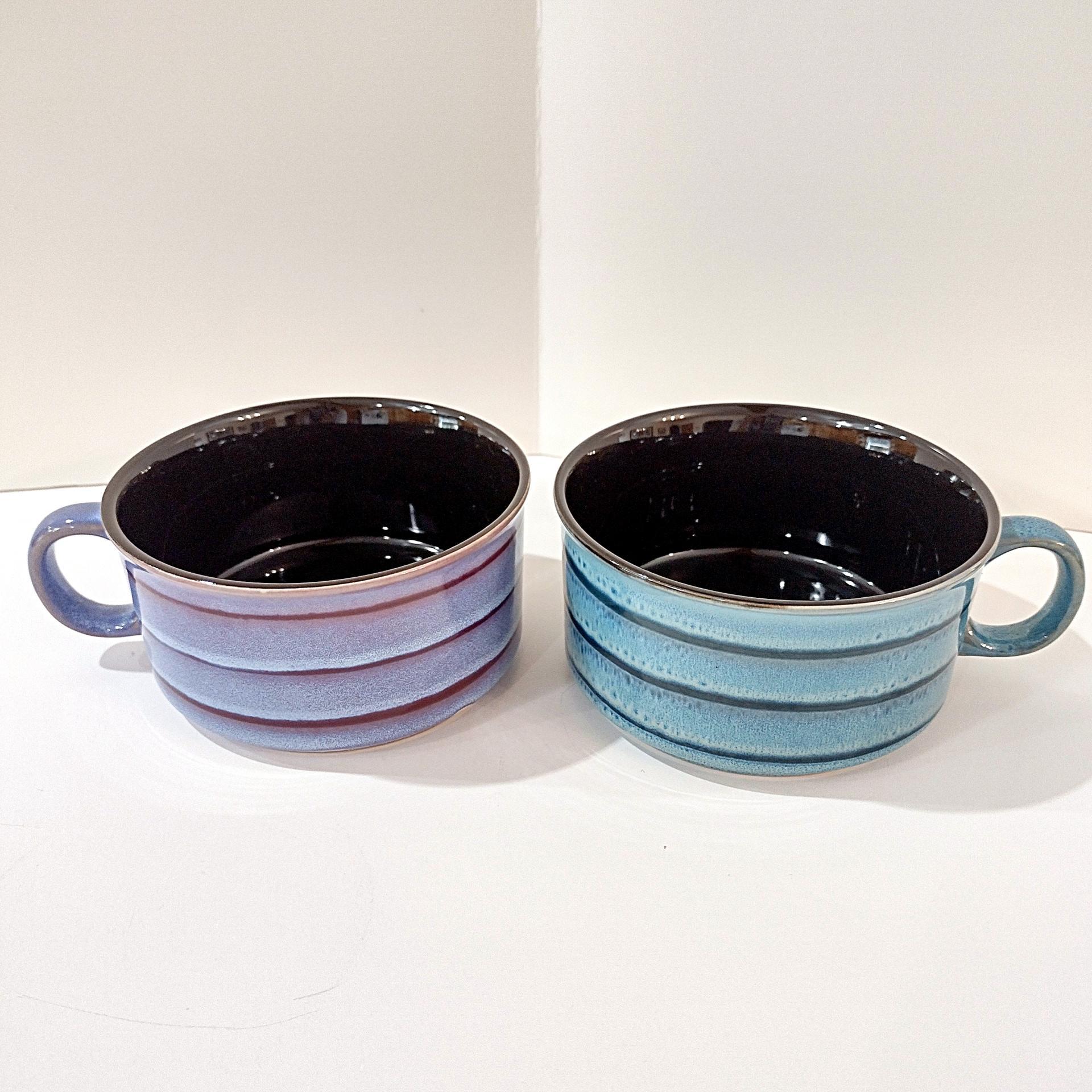 Vintage Aqua Blue and Purple Striped Large Ceramic Soup Mugs, Set of 2, French Onion Soup Crocks