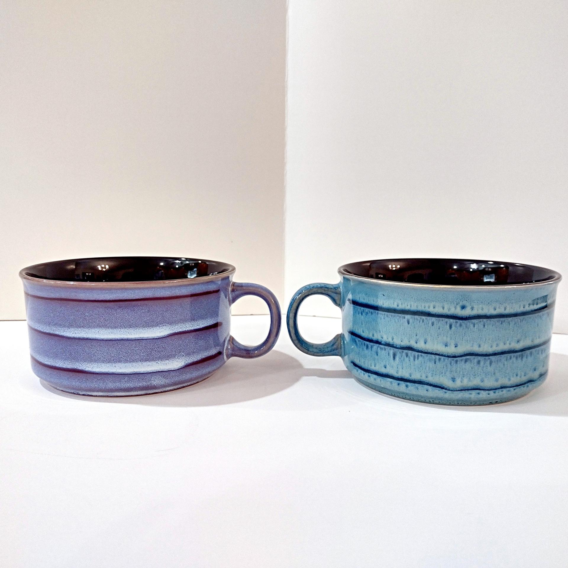 Vintage Aqua Blue and Purple Striped Large Ceramic Soup Mugs, Set of 2, French Onion Soup Crocks