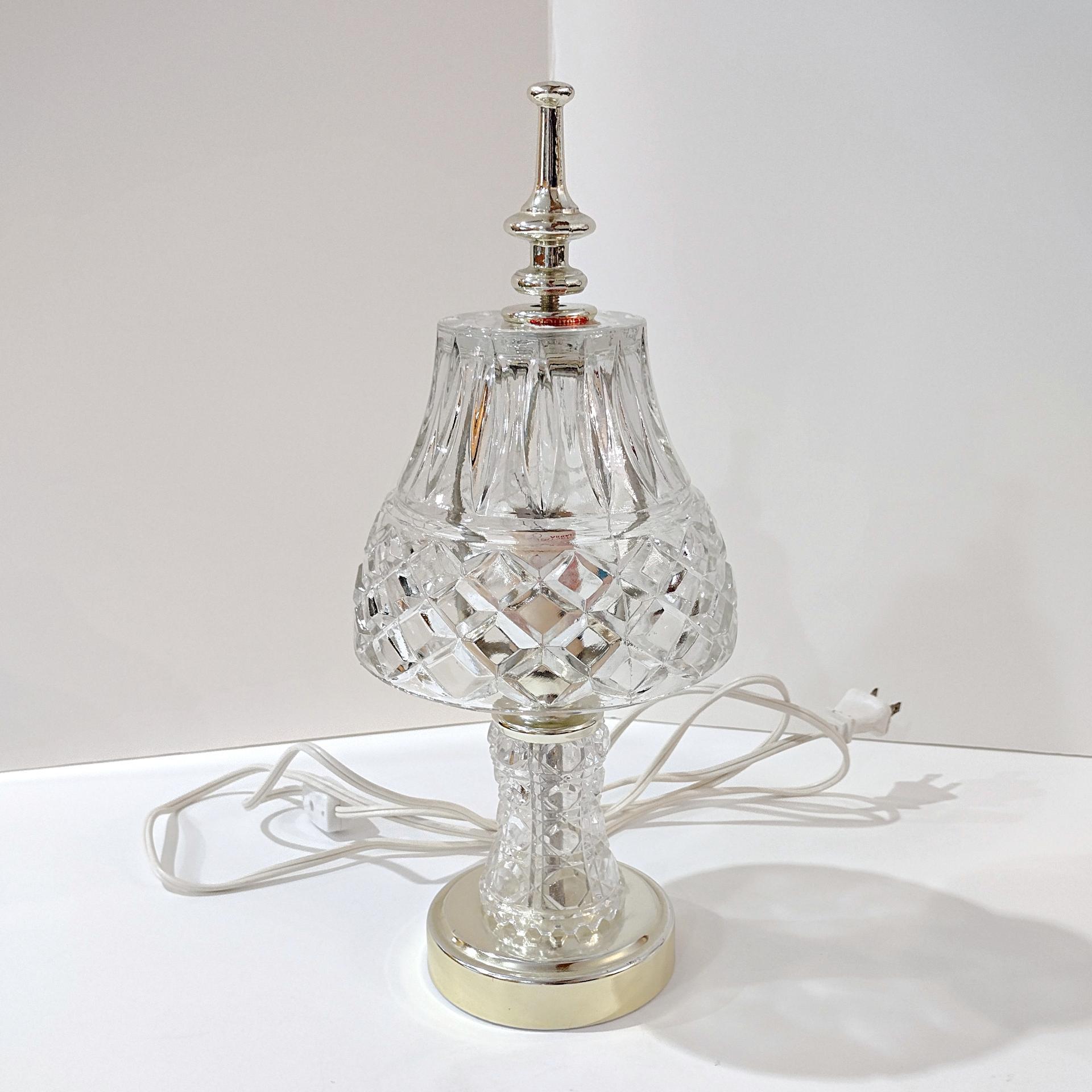 Vintage Cut Glass Boudoir Table Lamp, 60 Watt Glass and Gold Tone Small Lamp