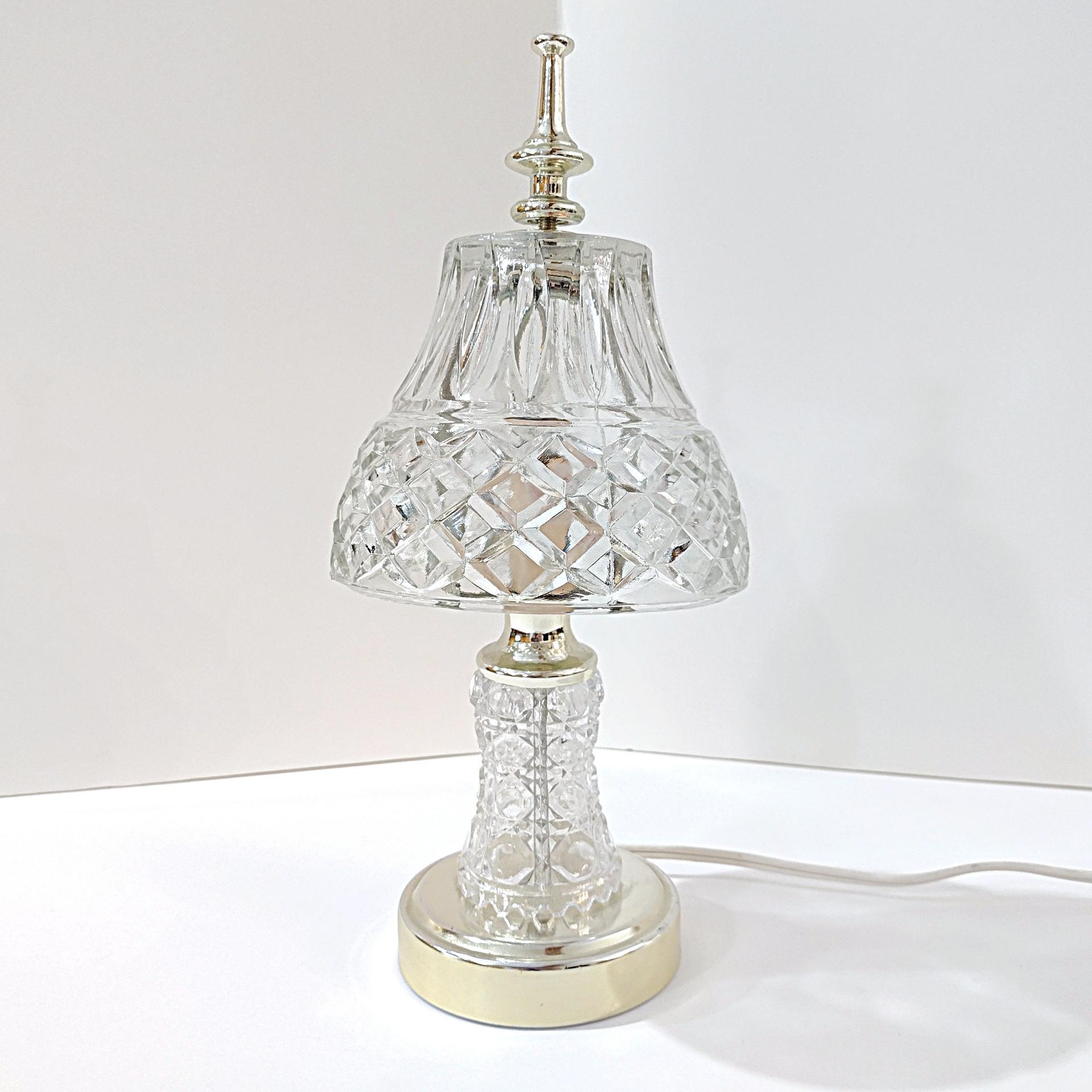 Vintage Cut Glass Boudoir Table Lamp, 60 Watt Glass and Gold Tone Small Lamp