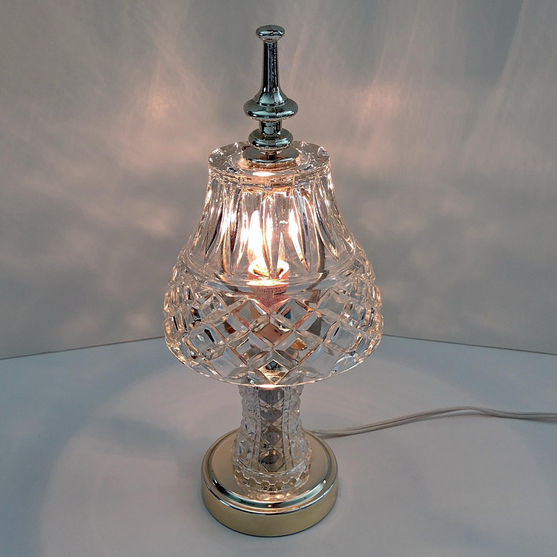 Vintage Cut Glass Boudoir Table Lamp, 60 Watt Glass and Gold Tone Small Lamp