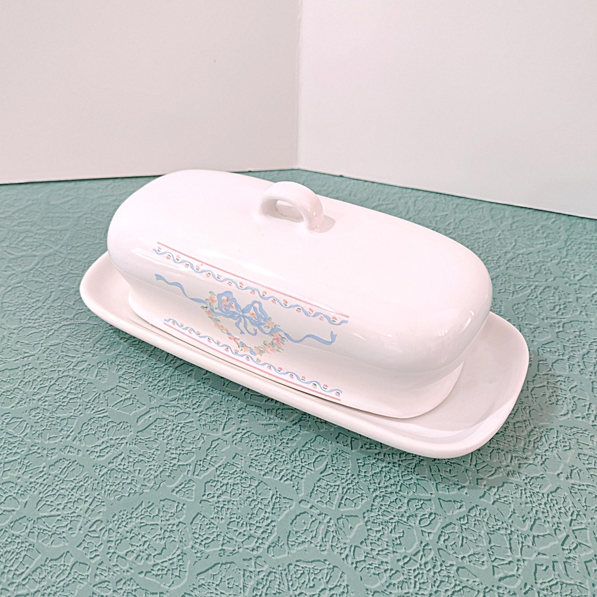 Vintage Blue Bows and Ribbons Country Farmhouse Ceramic Butter Dish