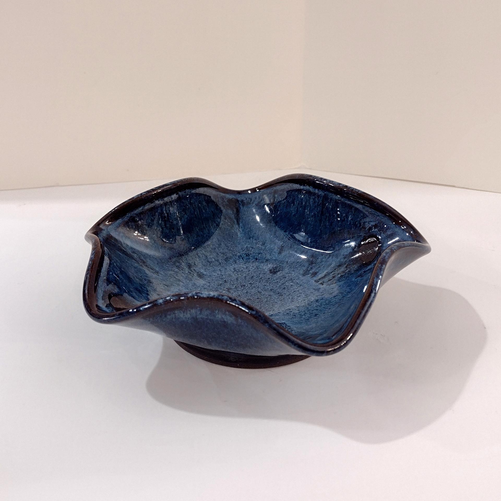 Hand Crafted Wavy Abstract Blue Ceramic Bowl, Artisan Pottery, Decorative Studio Pottery Ceramic Bowl